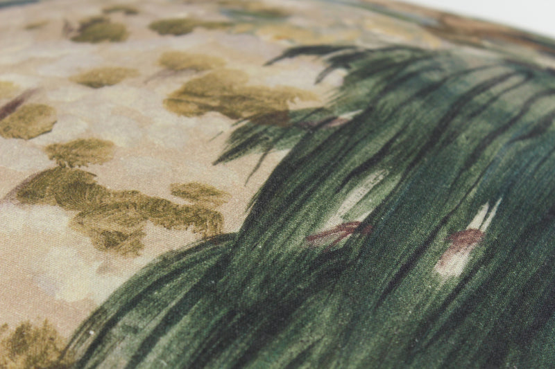 Close-up of a fabric with green foliage  in a painterly style