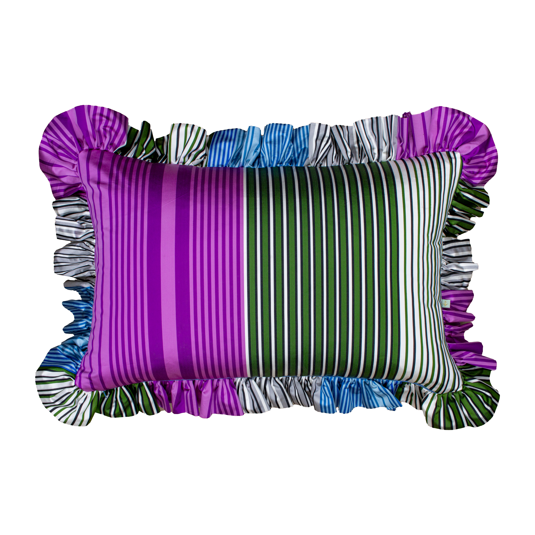 Decorative pillow with striped pattern and ruffled edge on a white background