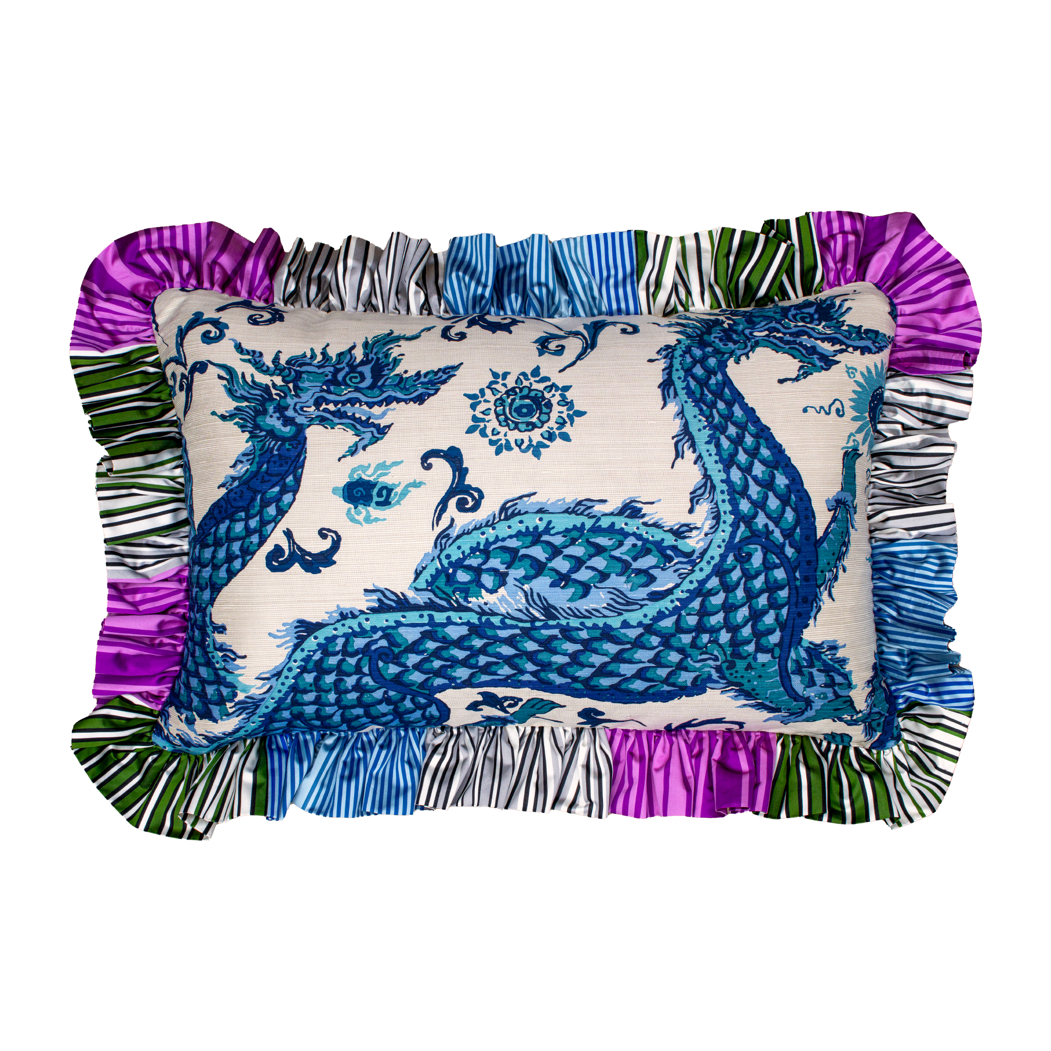 Decorative pillow with blue dragon design and colorful ruffled edge on a white background
