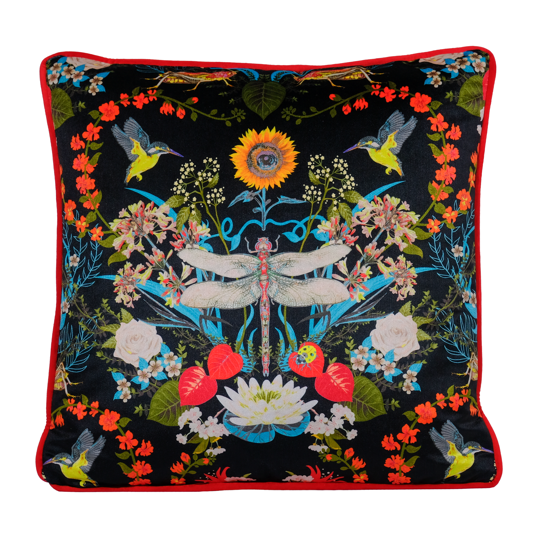 Decorative pillow with floral and dragonfly design on a black background
