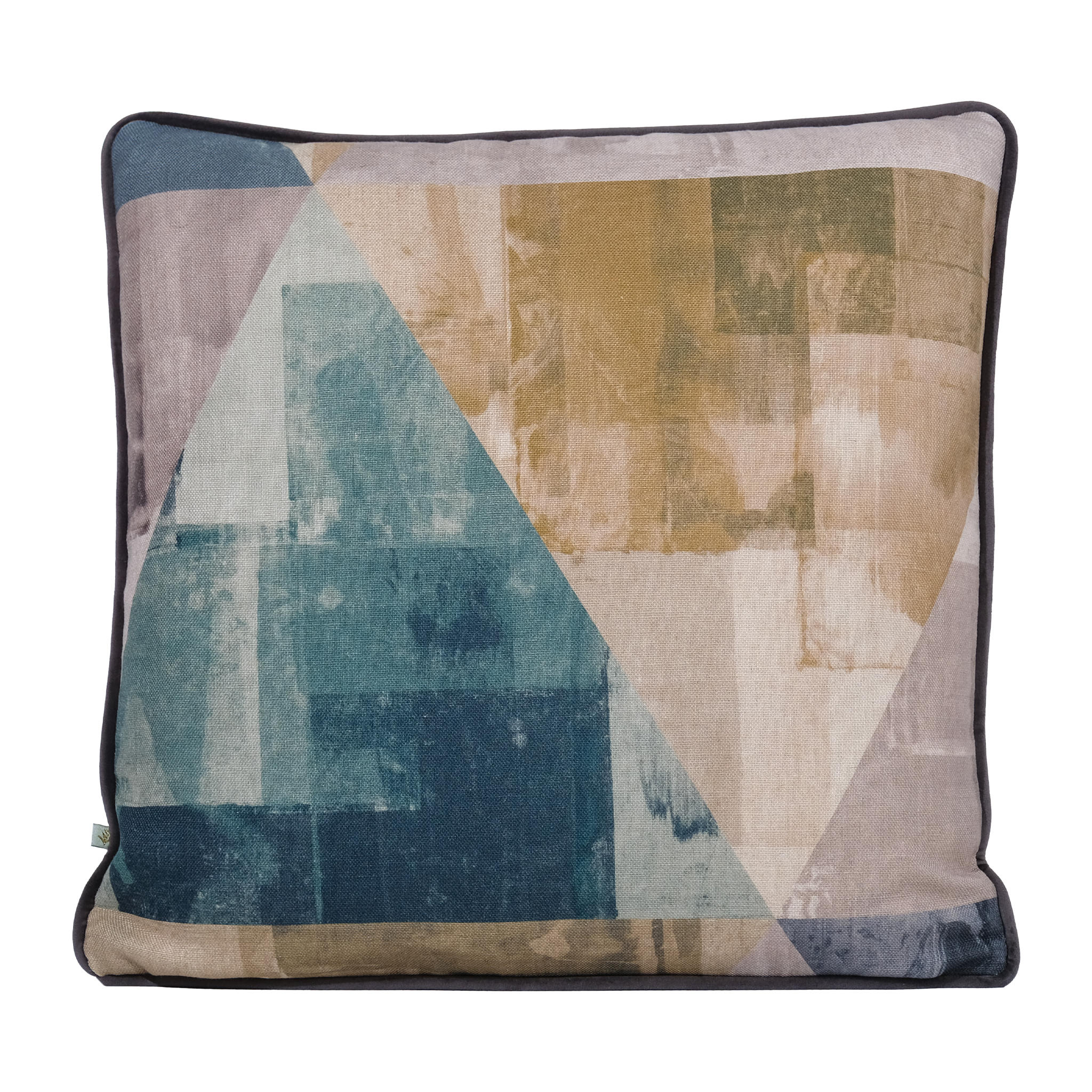 A piped cushion featuring overlapping triangles in watercolour green tones.