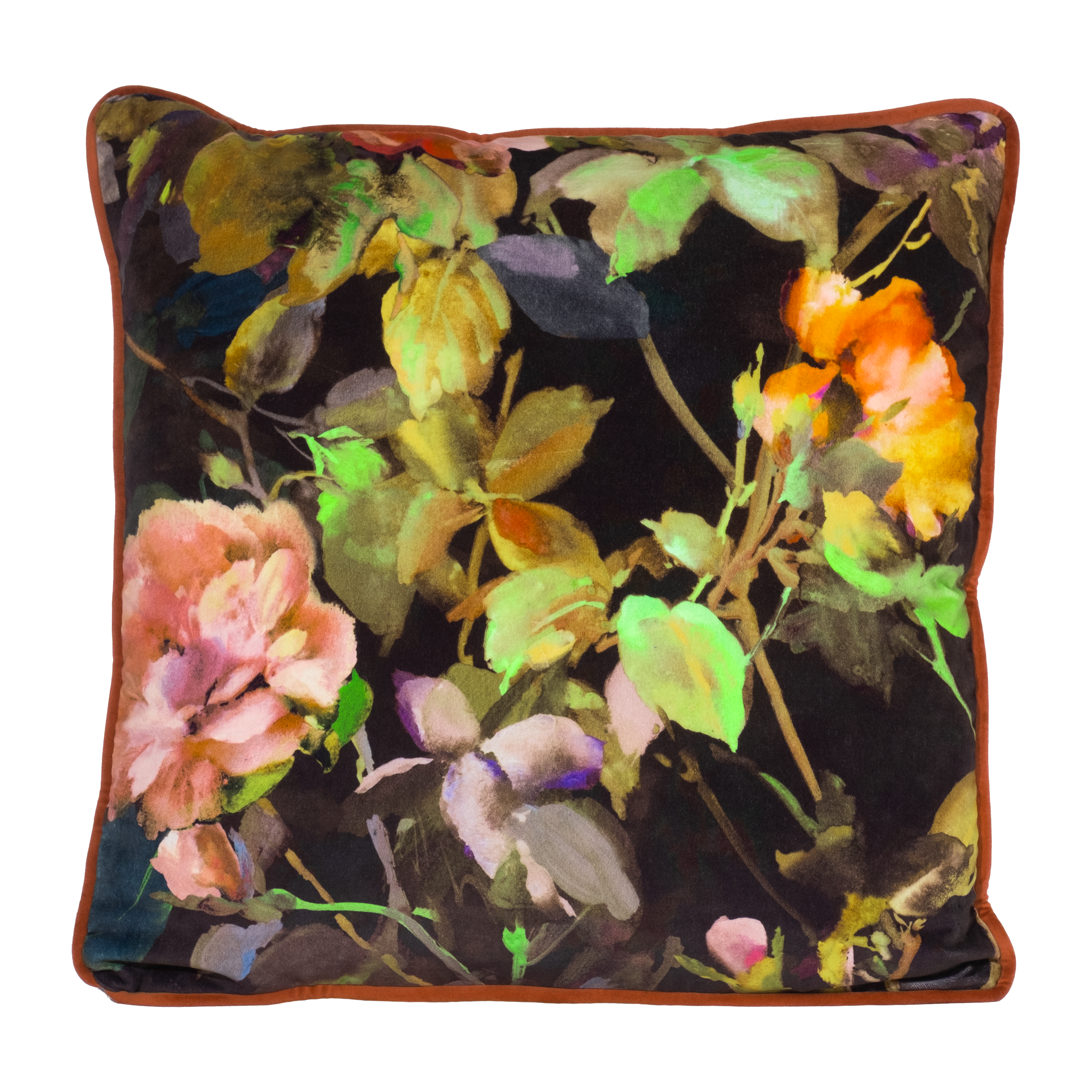 Floral-patterned pillow with colorful flowers on a black background