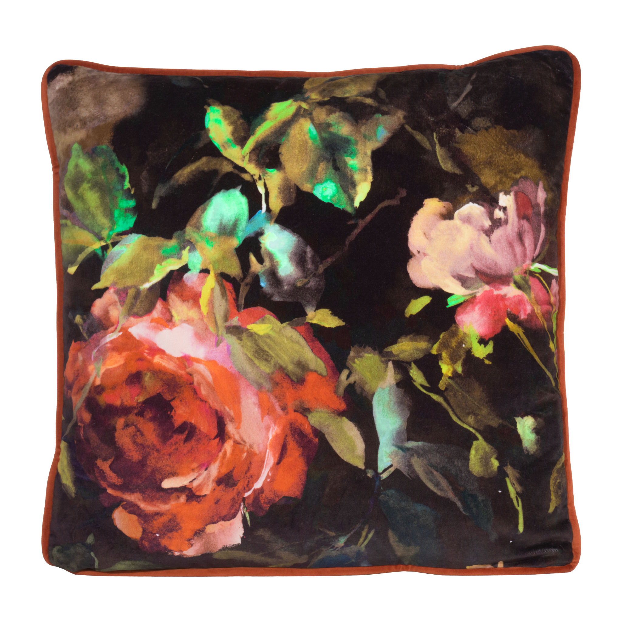 Floral pillow with vibrant colors on a dark background