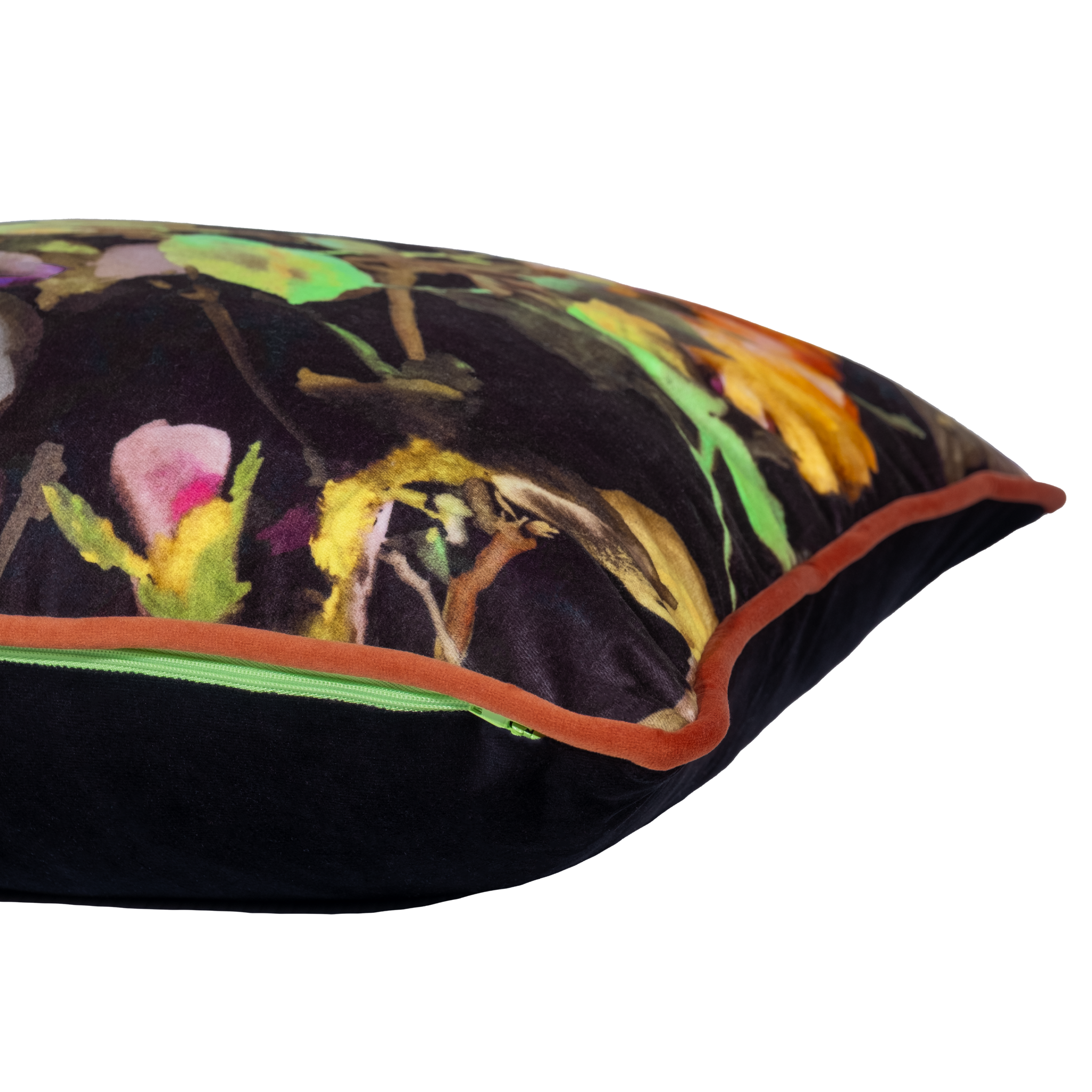 Decorative pillow with colorful floral pattern on a black background