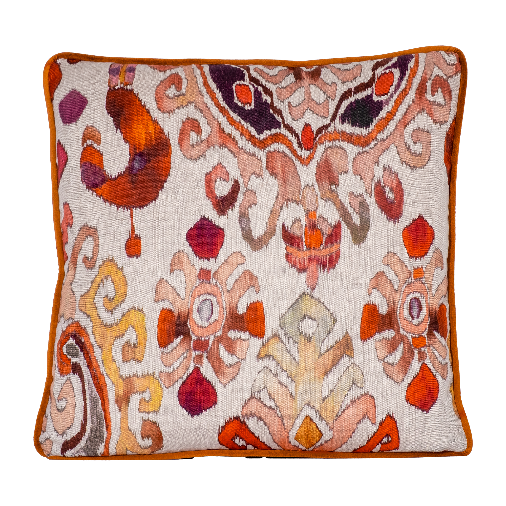Decorative cushion with an ikat pattern on a natural linen background