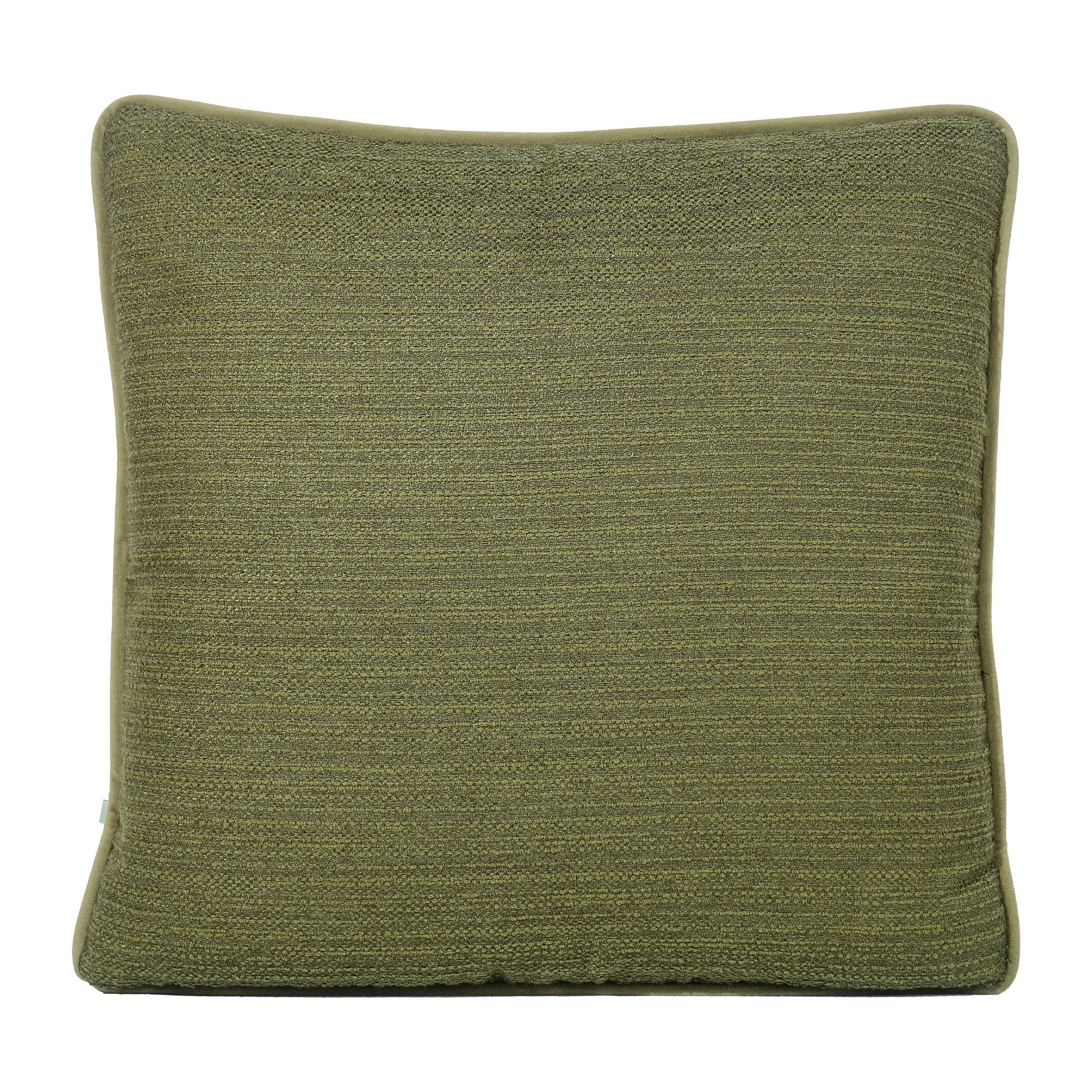 An olive green textured throw pillow with a subtle horizontal ribbed weave