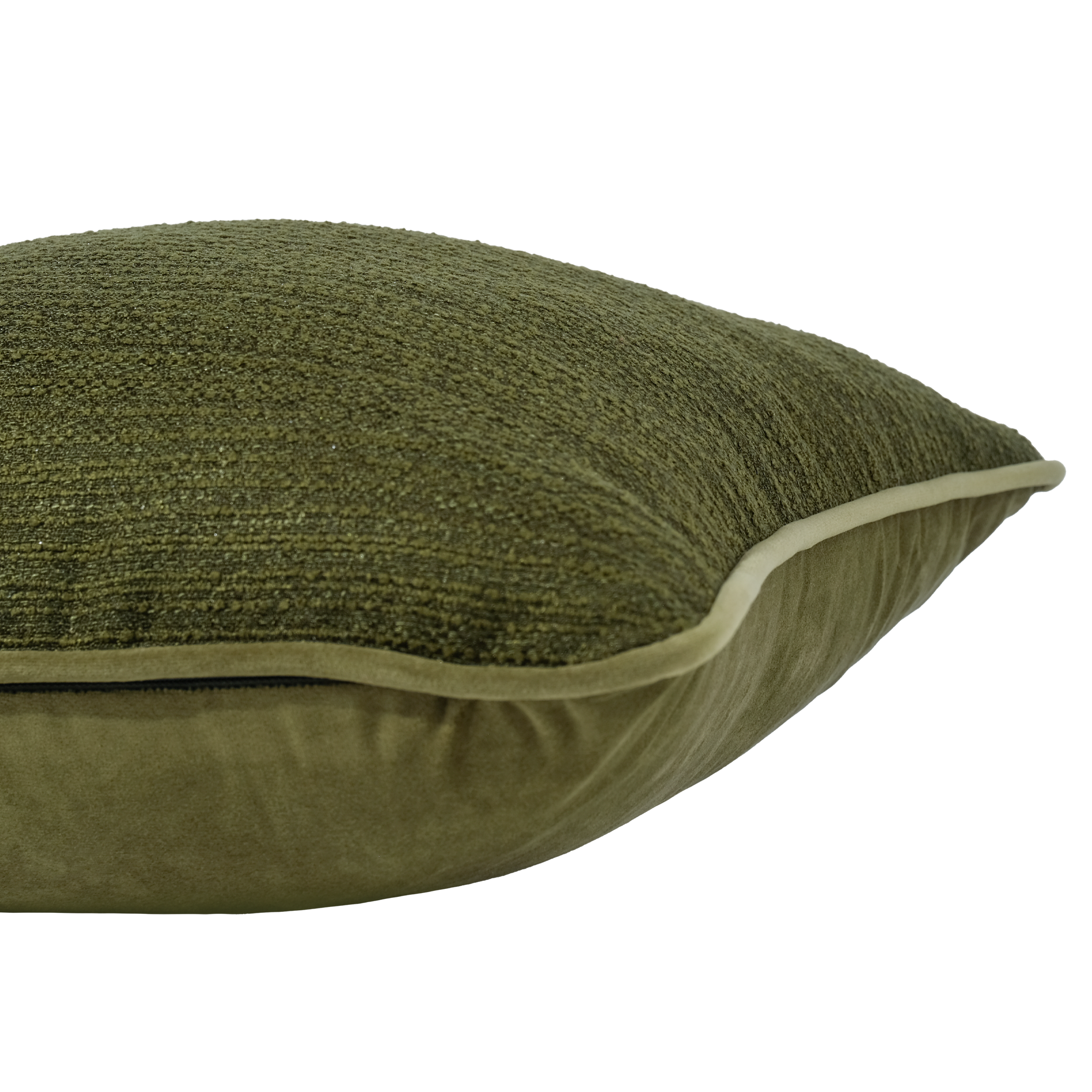 An olive green textured throw pillow with a matching velvet-like piping border