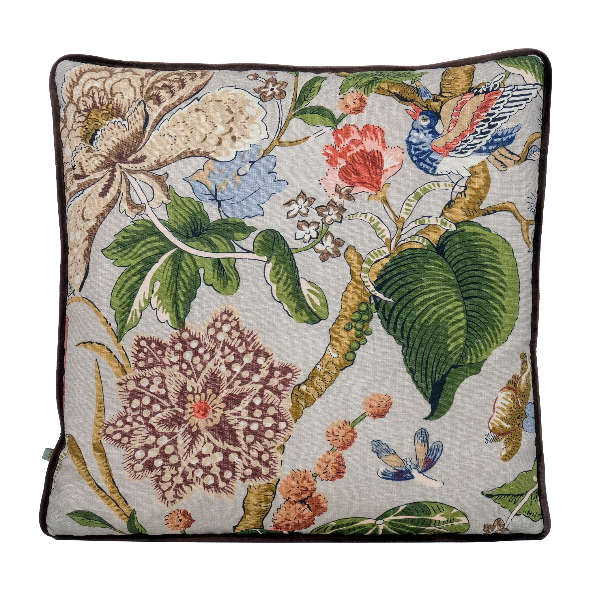 A square decorative throw pillow featuring an intricate botanical and bird pattern on a light beige linen-like background, finished with a dark brown piped edge.