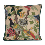 Linen cushion with a large pheasant bird and flowers in red green and blue with a natural base colour