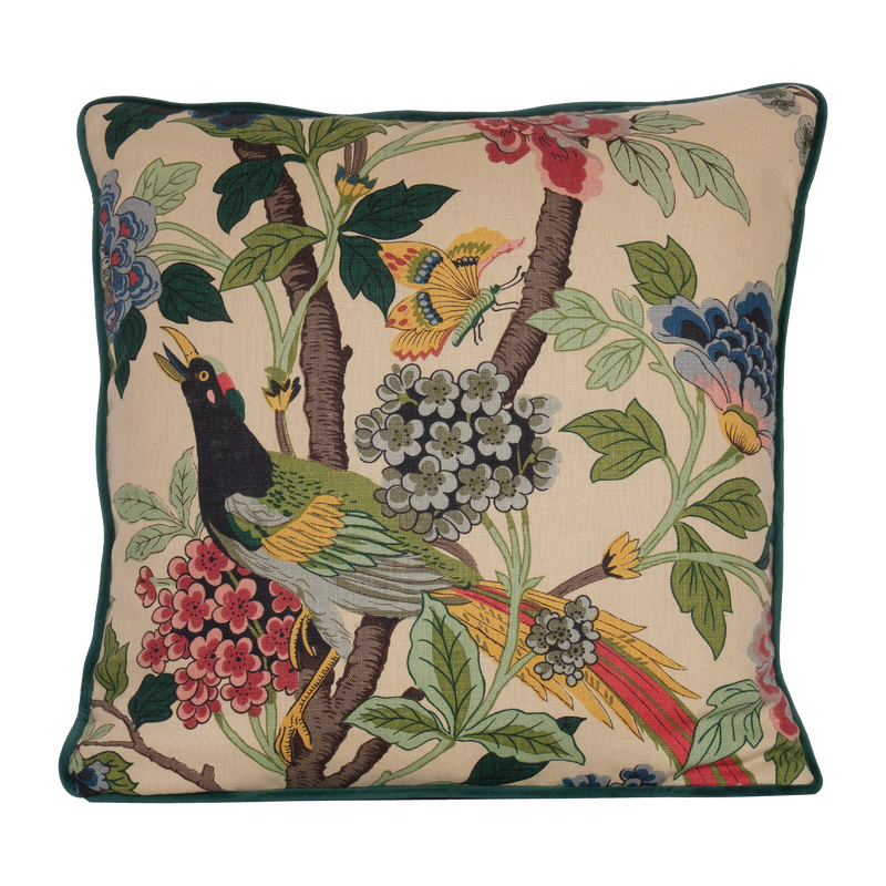 Linen cushion with a large pheasant bird and flowers in red green and blue with a natural base colour