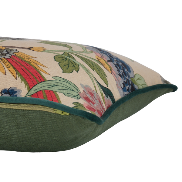 Linen cushion with a large pheasant bird and flowers in red green and blue with a natural base colour