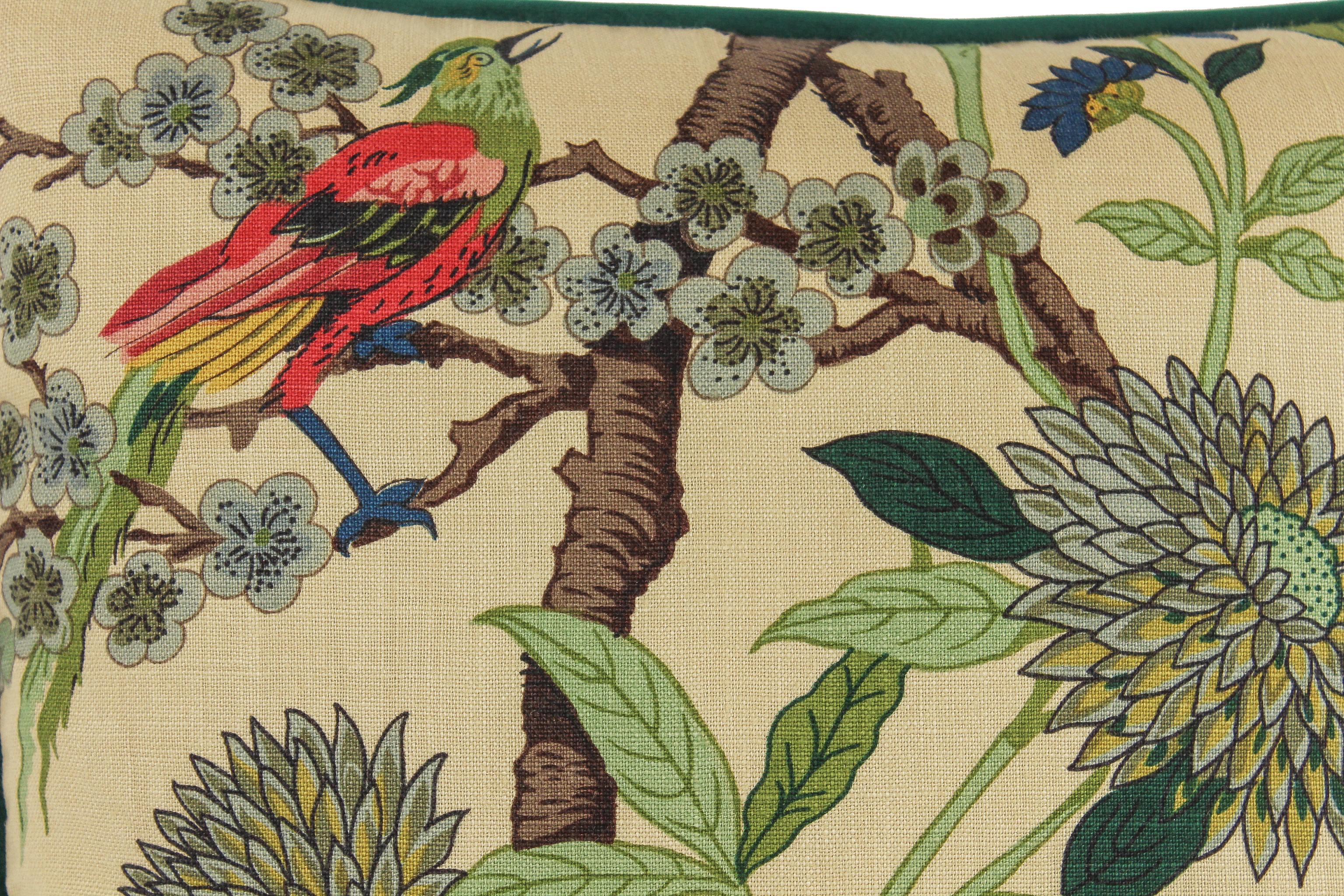 Close up of a printed linen wth birds and flowers