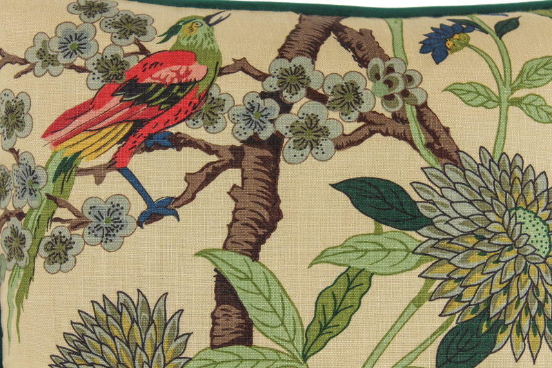 Close up of a printed linen wth birds and flowers