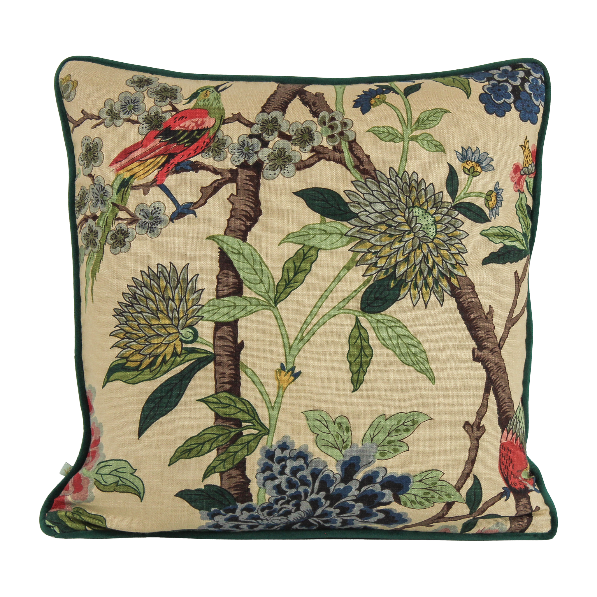Decorative linen cushion with flowers and birds