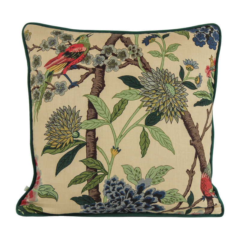 Decorative linen cushion with flowers and birds