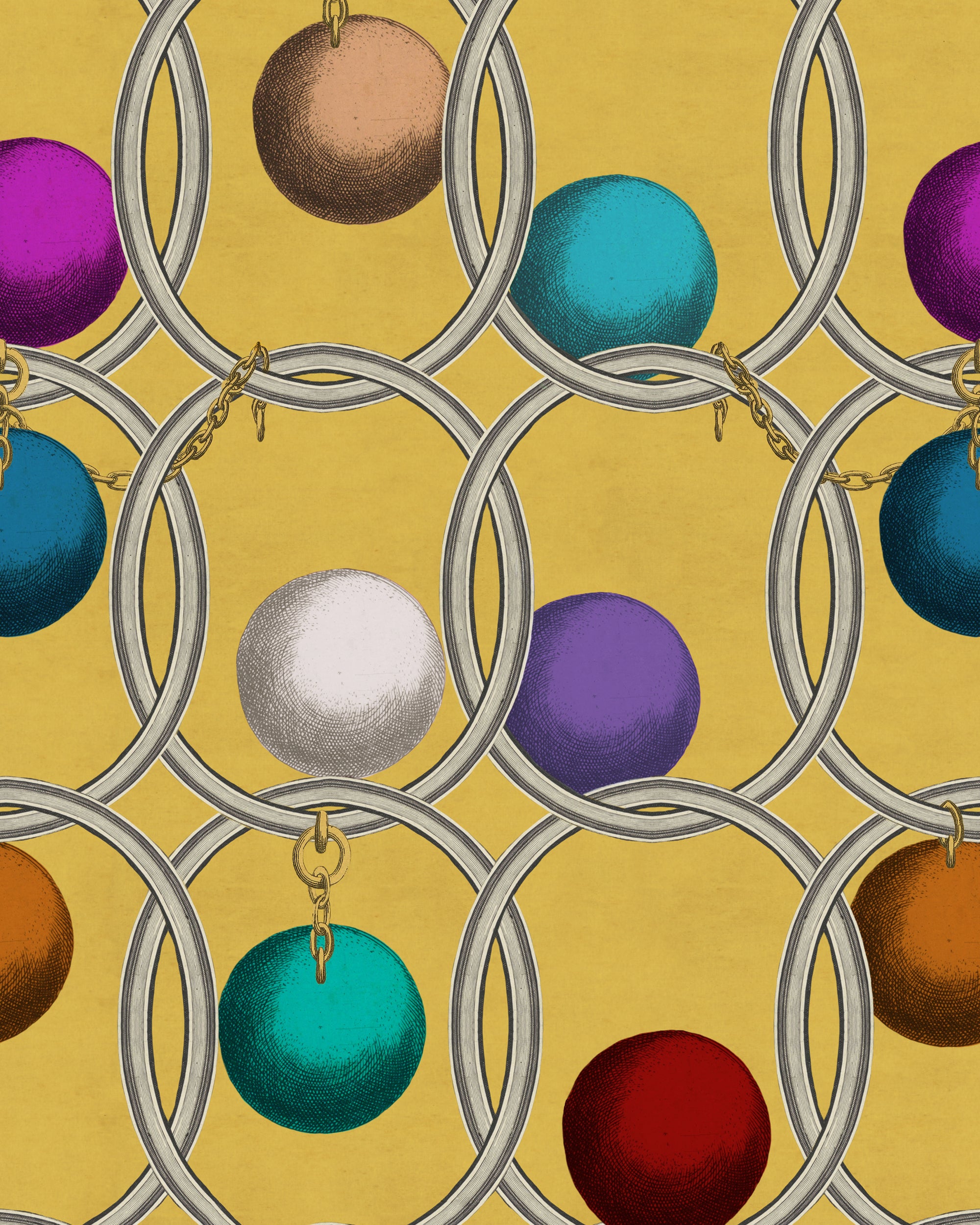 Image of Incatenato wallpaper by mind the gap. Features a warm lemon yellow background with large silver hoops intertwined and large spheres of different colours such as light brown, aqua blue, red and fuchsia 