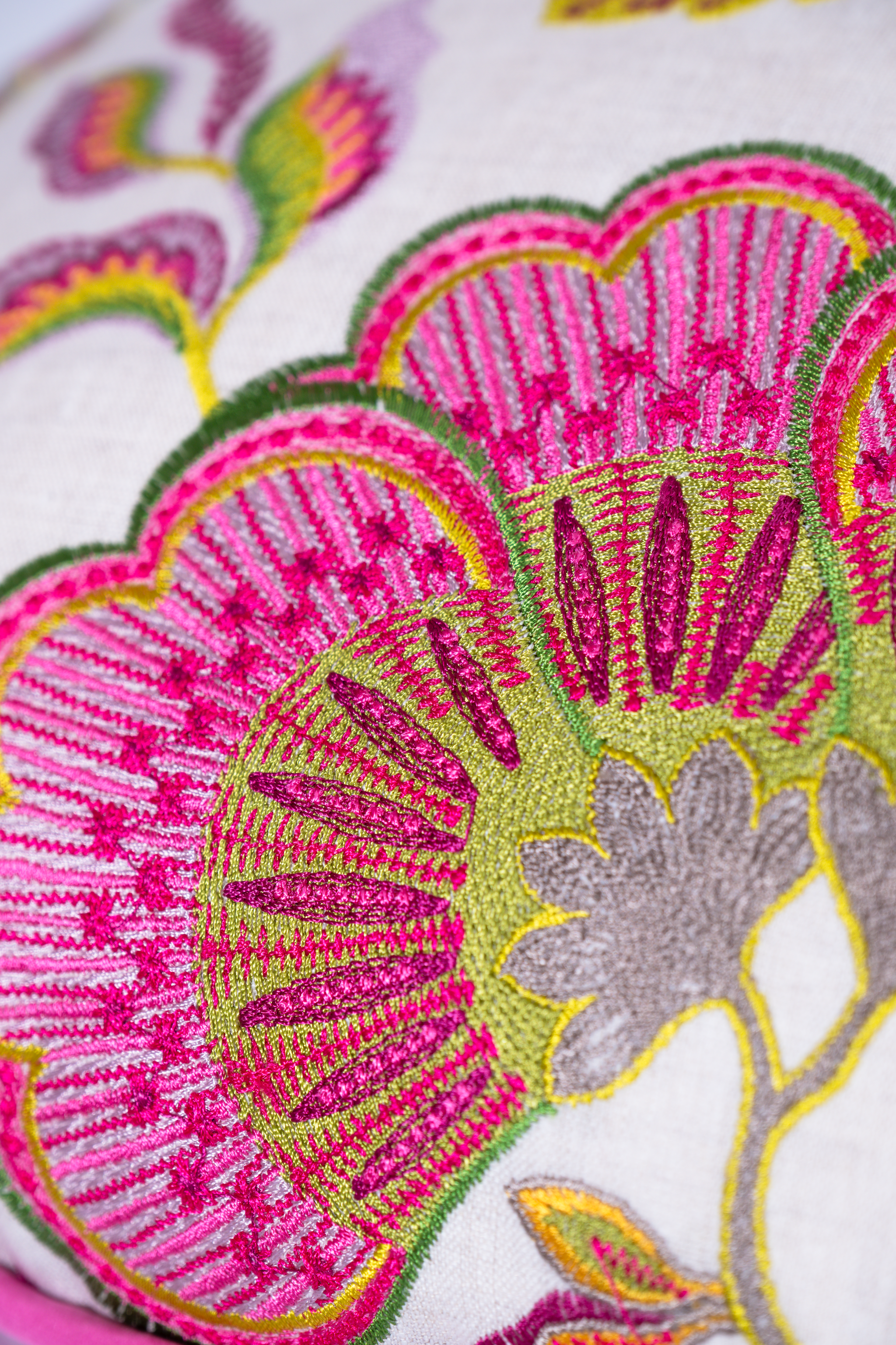 Close-up of colorful embroidered floral design on fabric