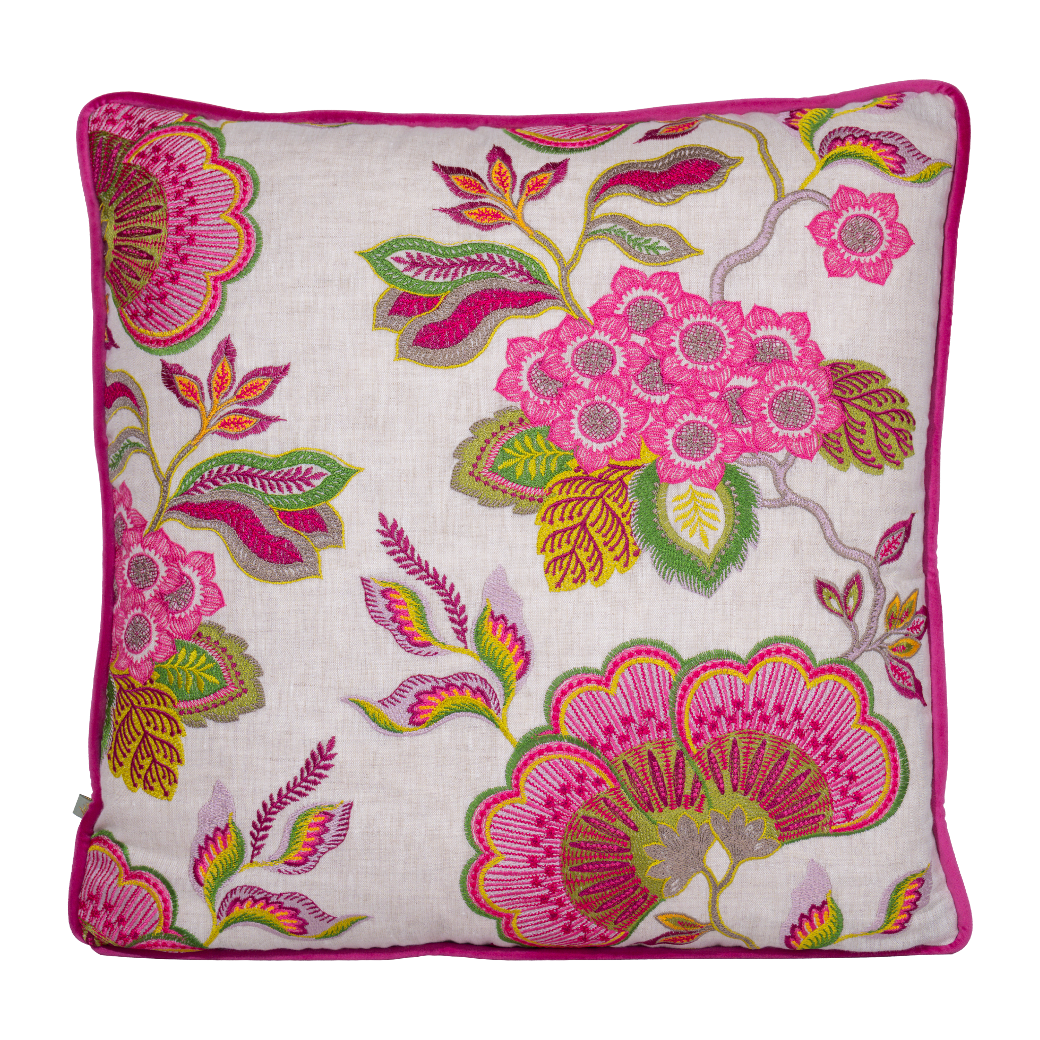 Decorative pillow with floral embroidery on a white background