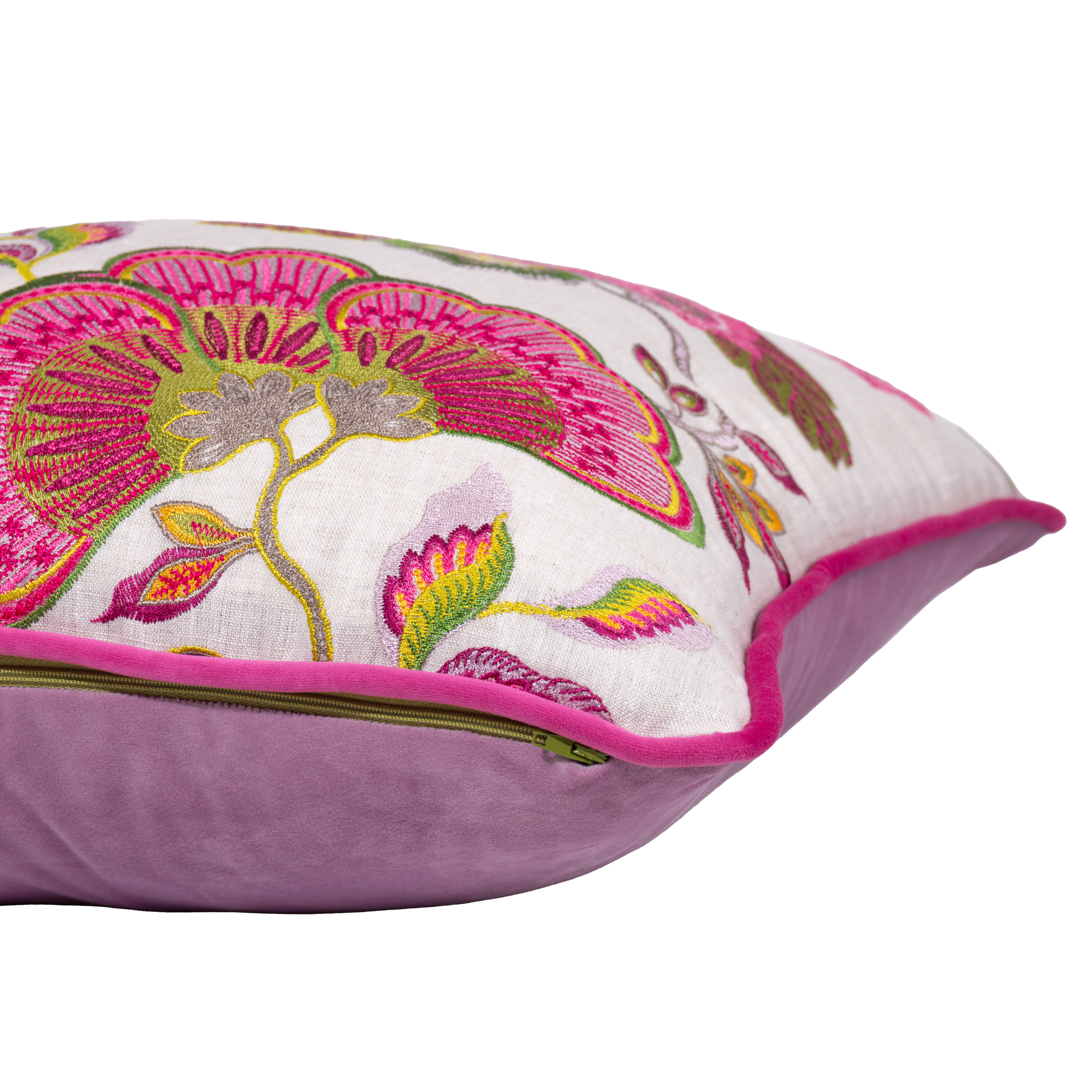 Decorative pillow with floral embroidery on a white background