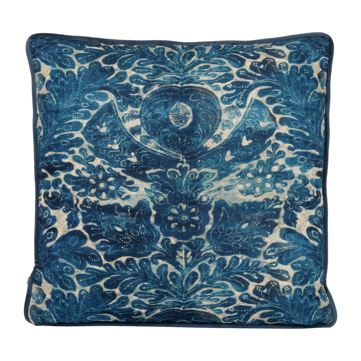 A square decorative throw pillow featuring an intricate blue and cream floral damask pattern, set against a solid white background.