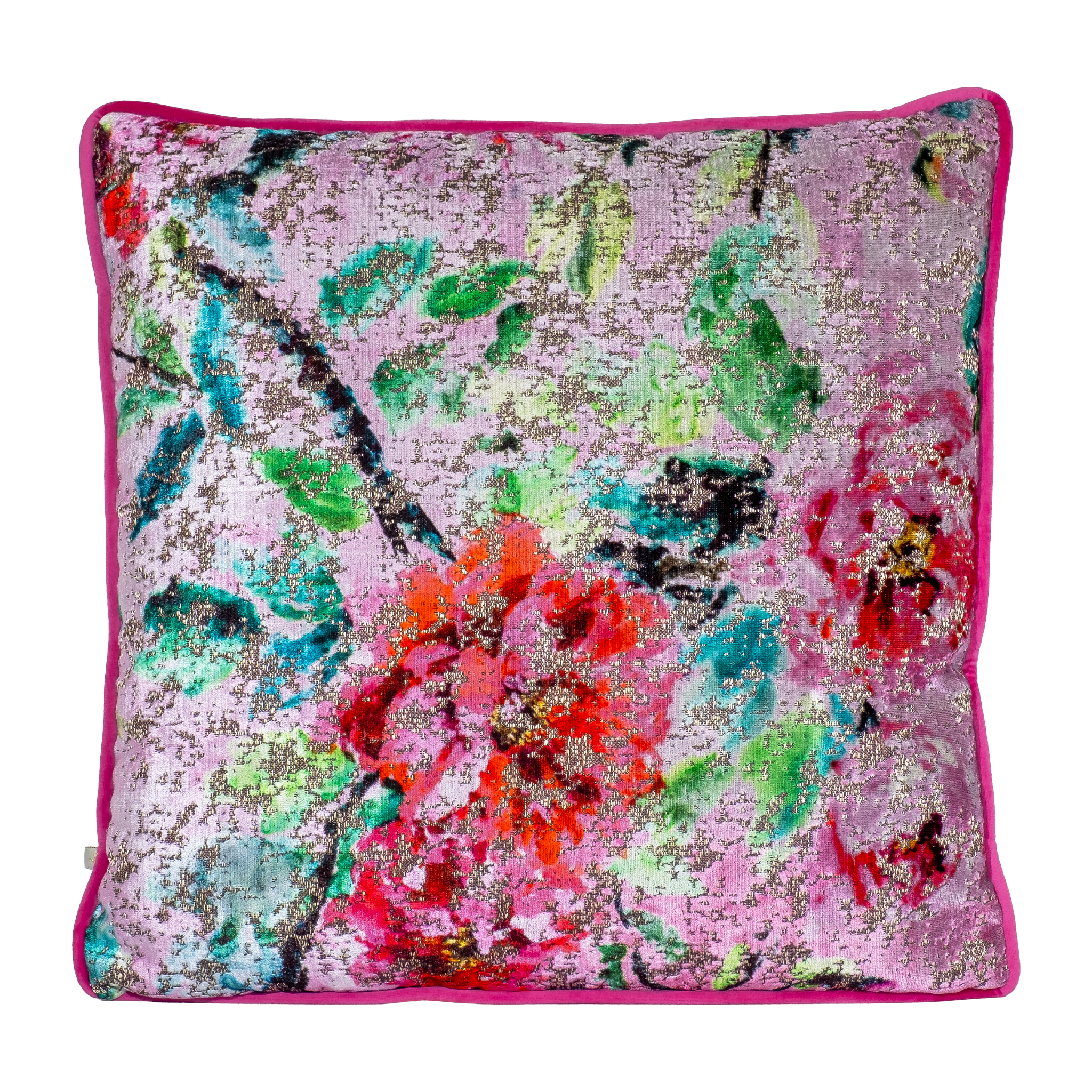 colourful oriental floral velvet cushion in pinks and greens