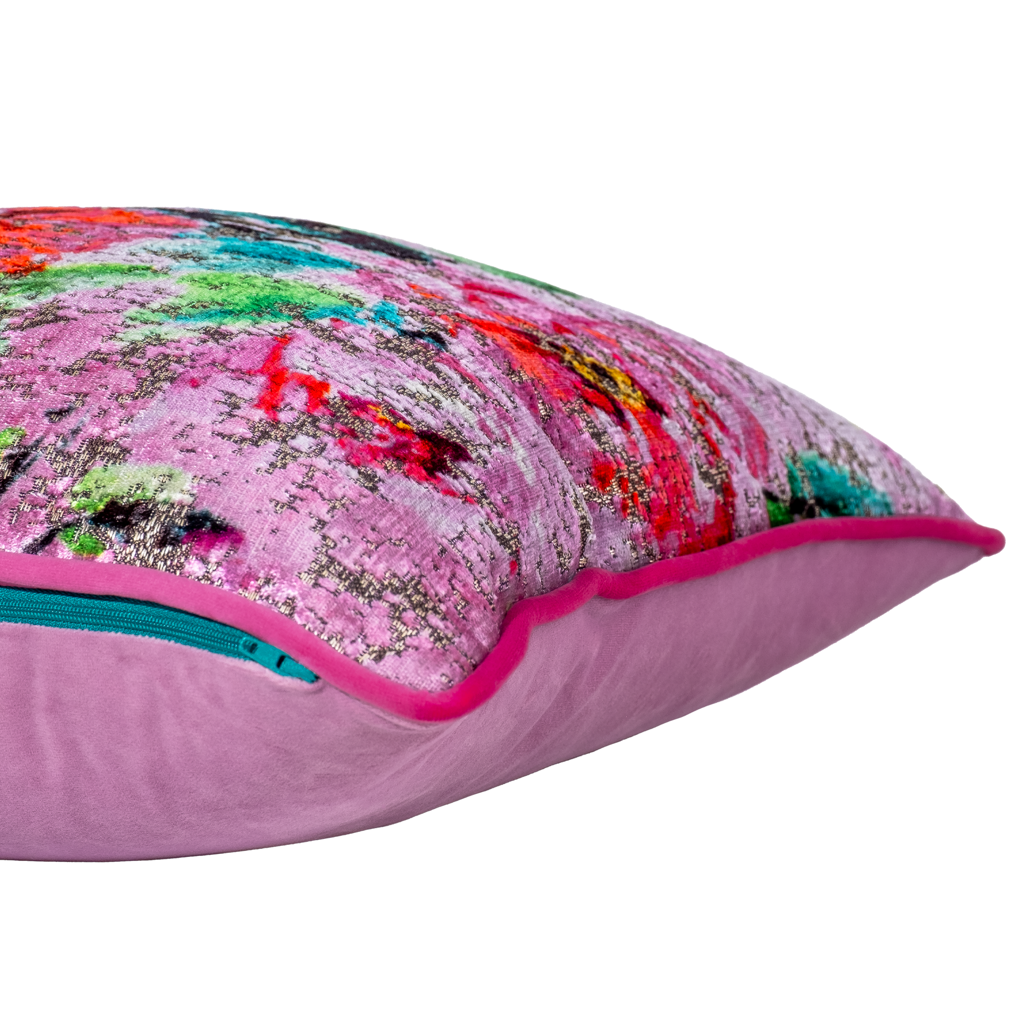 colourful oriental floral velvet cushion in pinks and greens