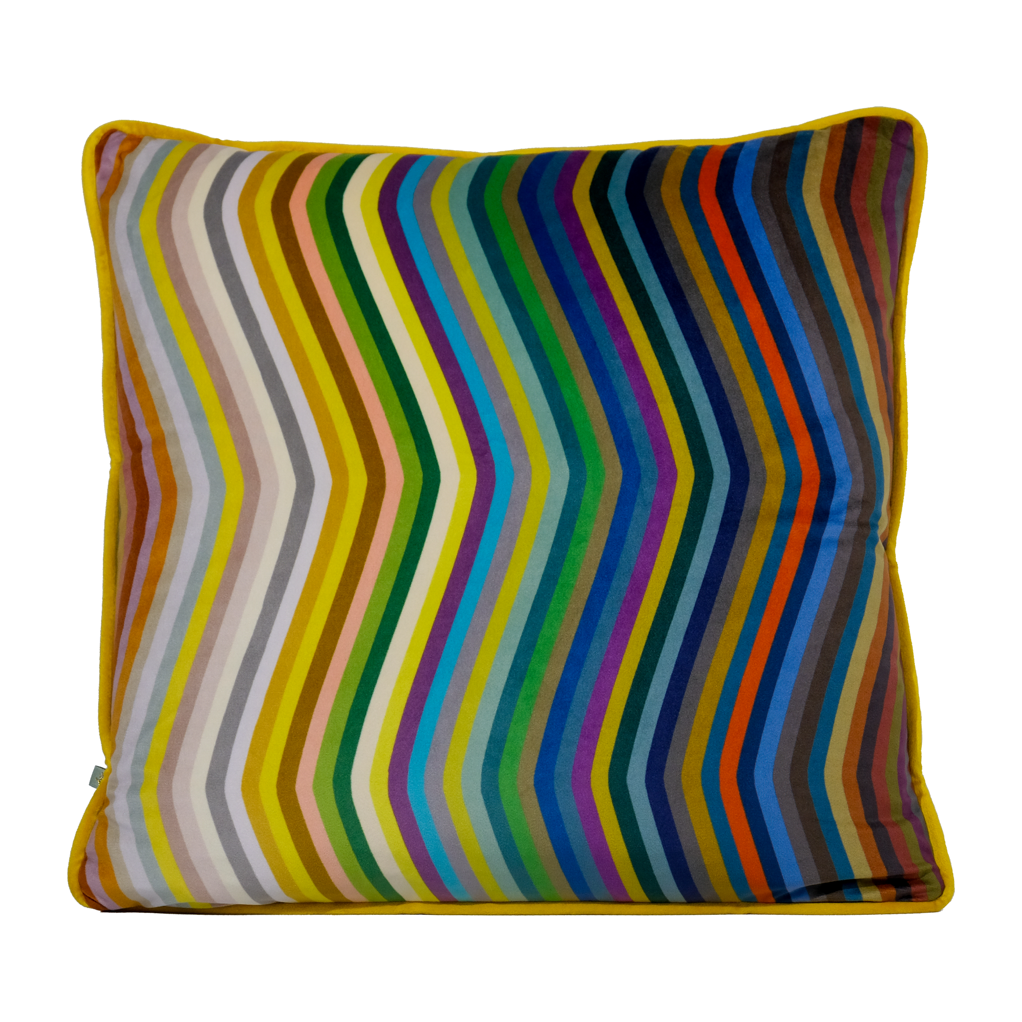 Multicolored striped velvet cushion with yellow piping