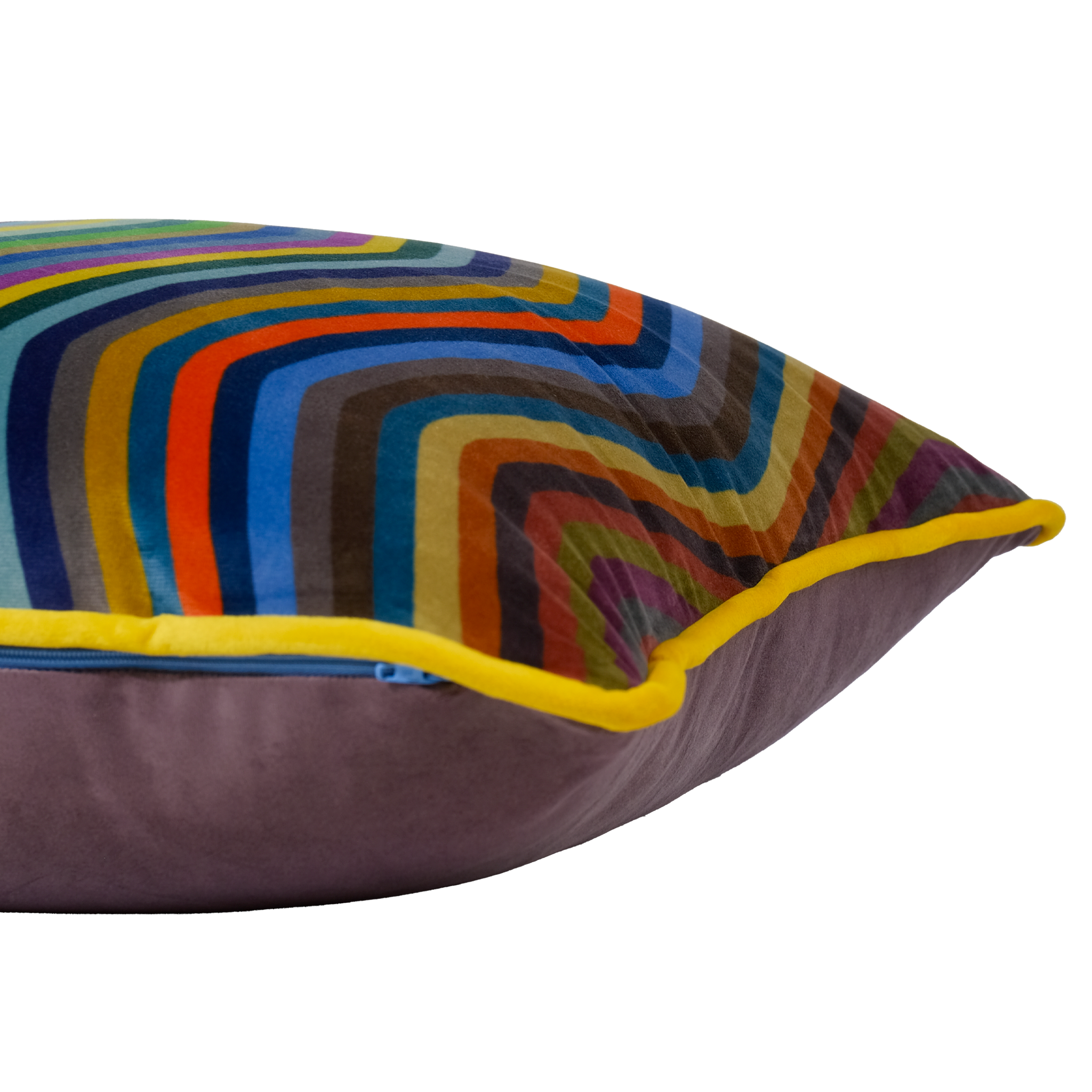 Colorful striped pillow with a yellow border 