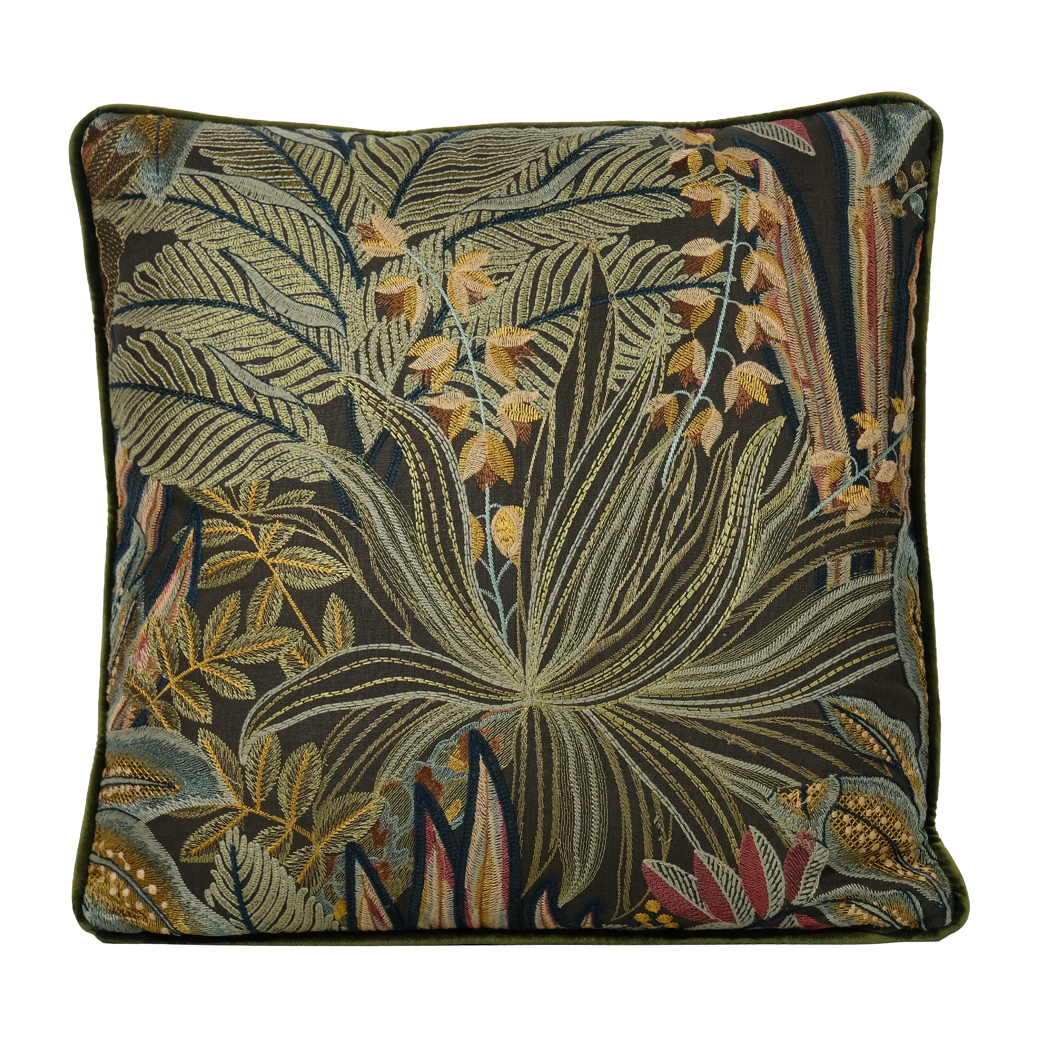 Cushion featuring an embroidered jungle design on an olive linen basecloth