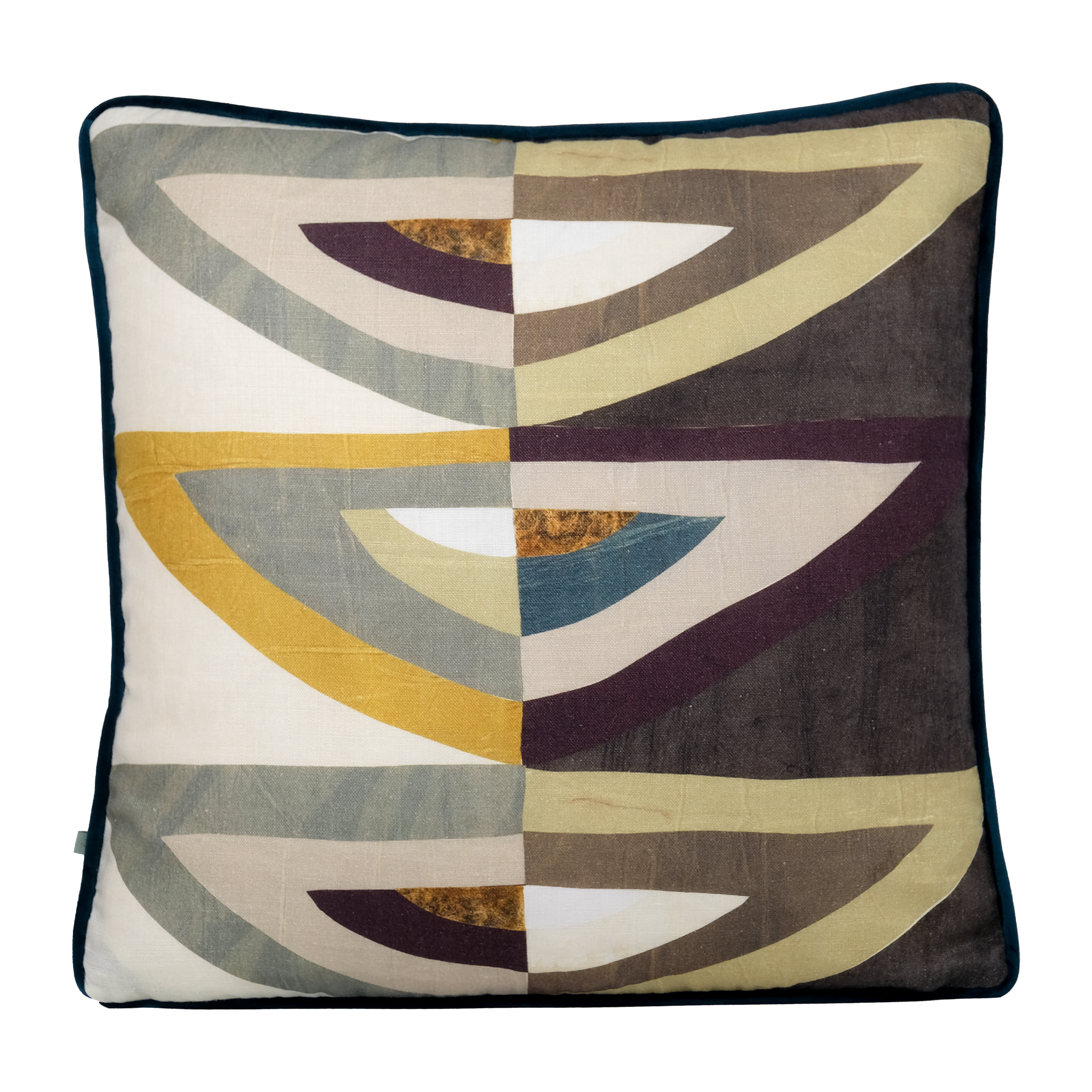 A square decorative throw pillow featuring an abstract geometric pattern with overlapping arches and triangles in cream, mustard yellow, taupe, dark brown, and deep plum, finished with a teal velvet piped edge.