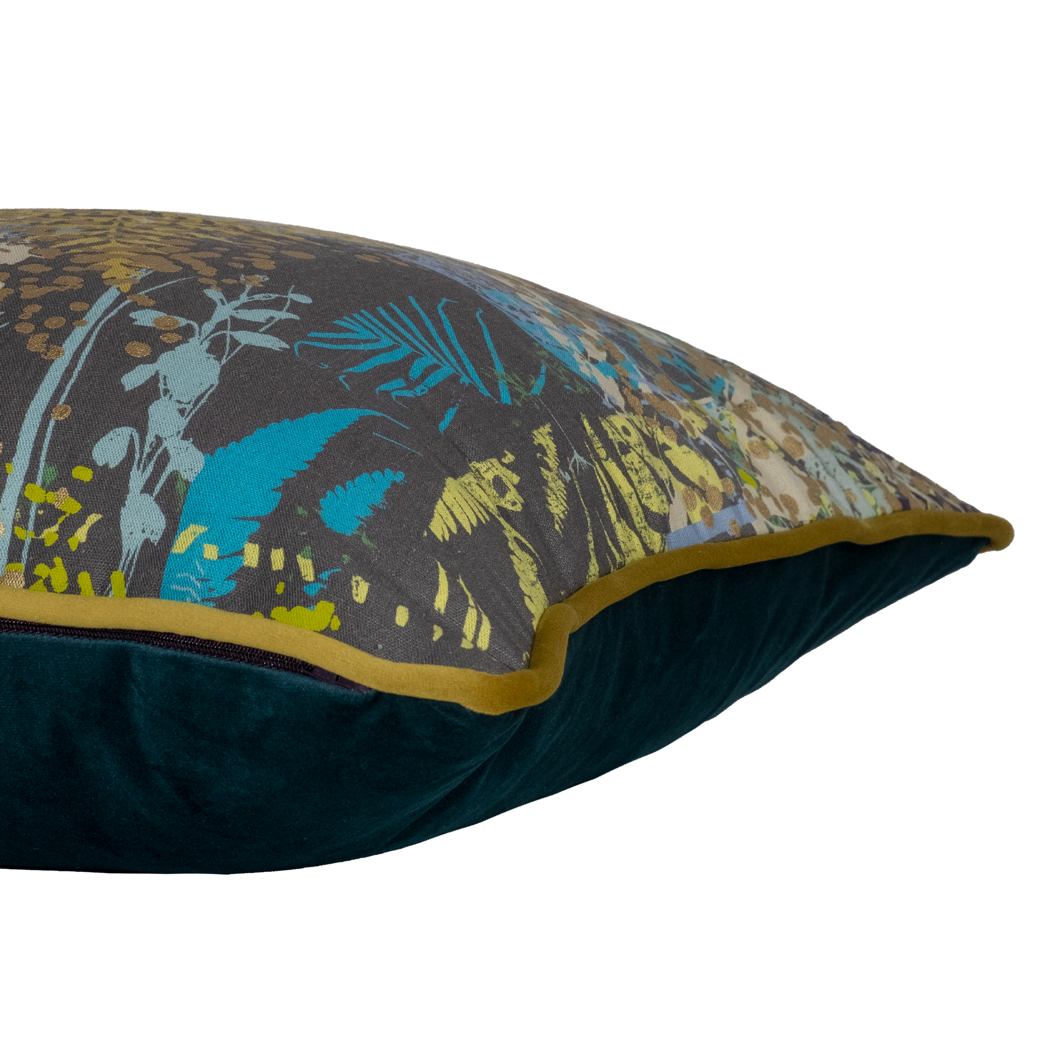 Side shot of a decorative cushion with botanical silhouettes in multiple colours on a grey background