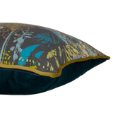 Side shot of a decorative cushion with botanical silhouettes in multiple colours on a grey background