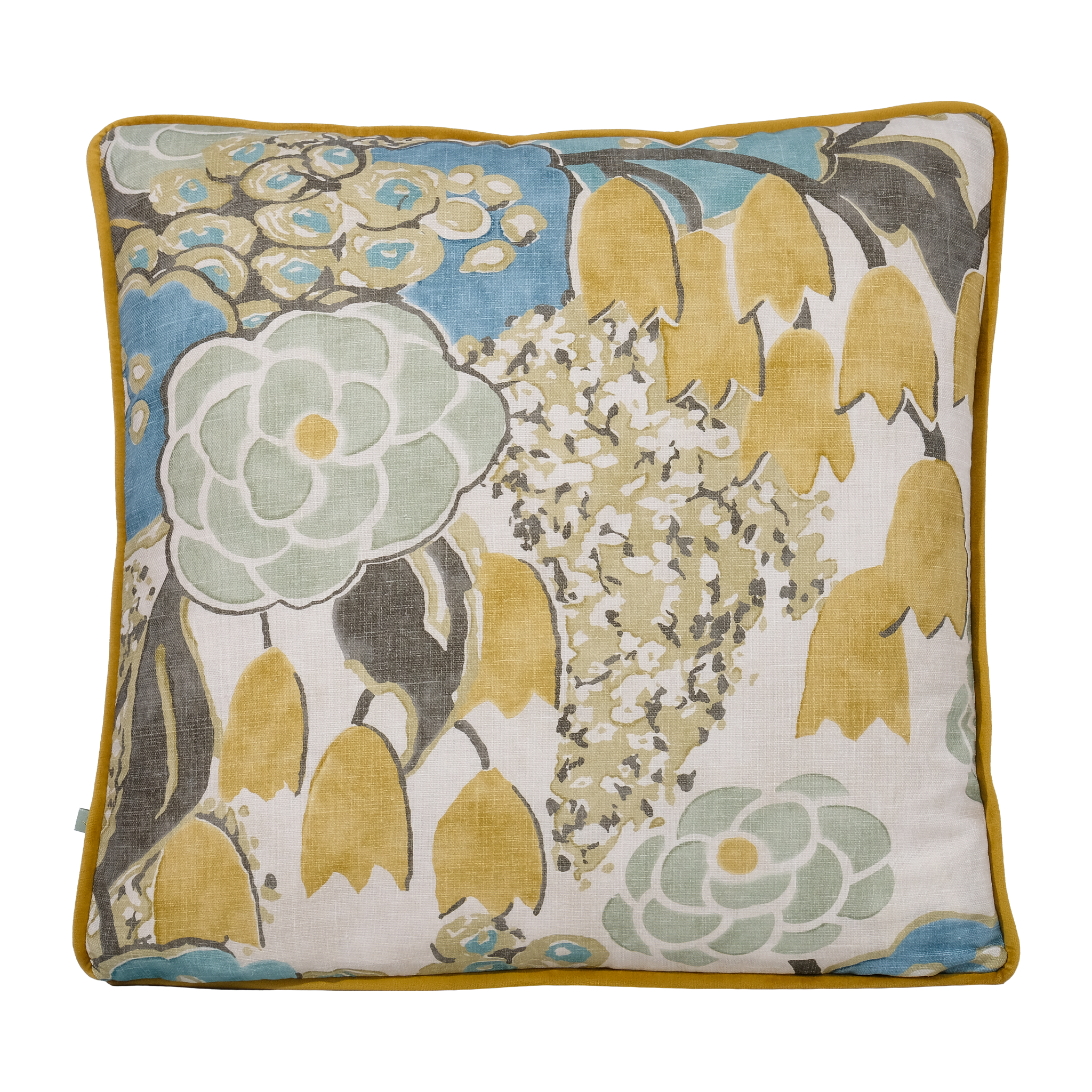 A square decorative throw pillow with a botanical pattern featuring large pale green flowers, yellow bell-shaped blossoms, and blue accents on a cream linen background, finished with a mustard yellow piped edge.