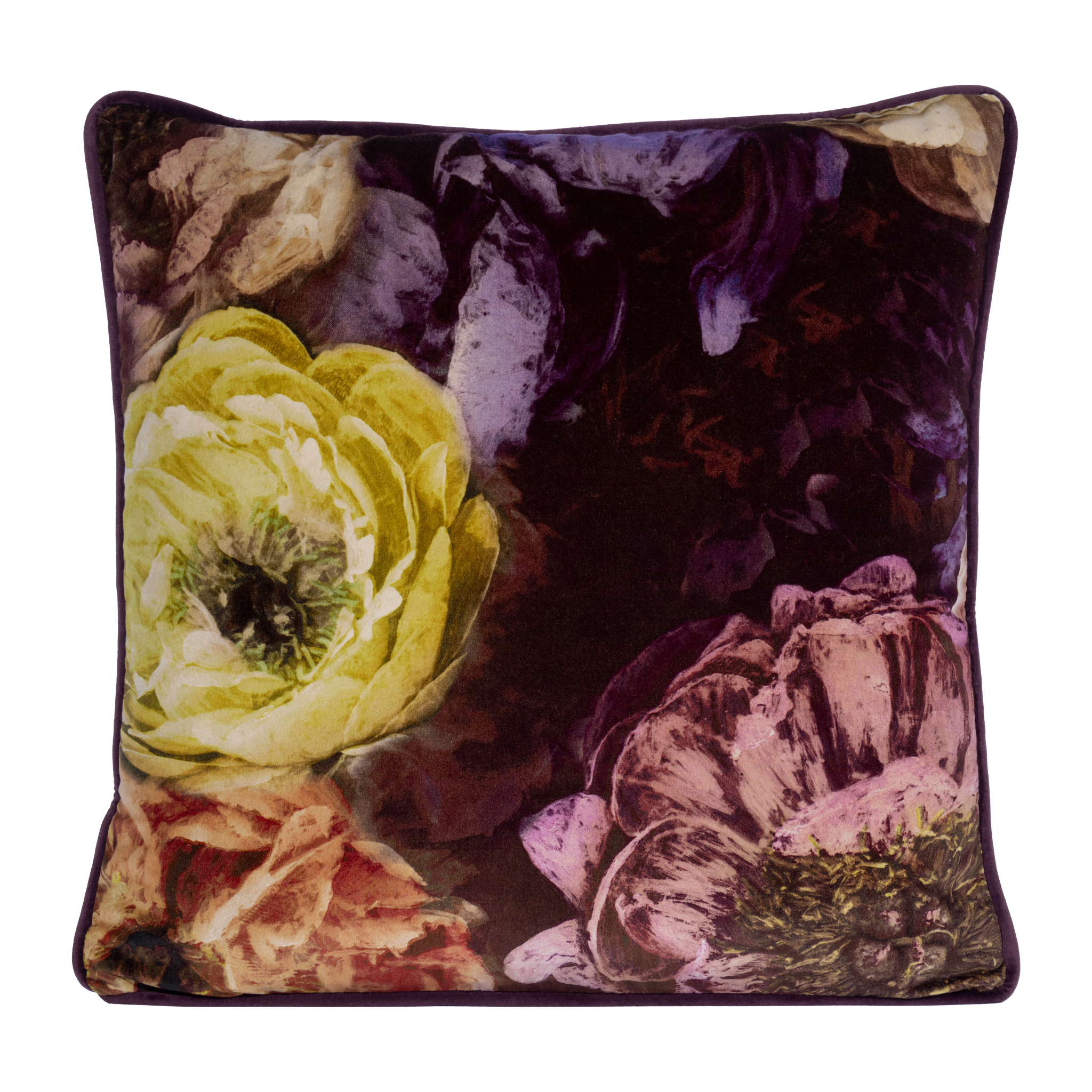 Richly coloured large scale velvet floral cushion in aubergine gold and pink