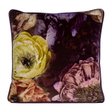 Richly coloured large scale velvet floral cushion in aubergine gold and pink