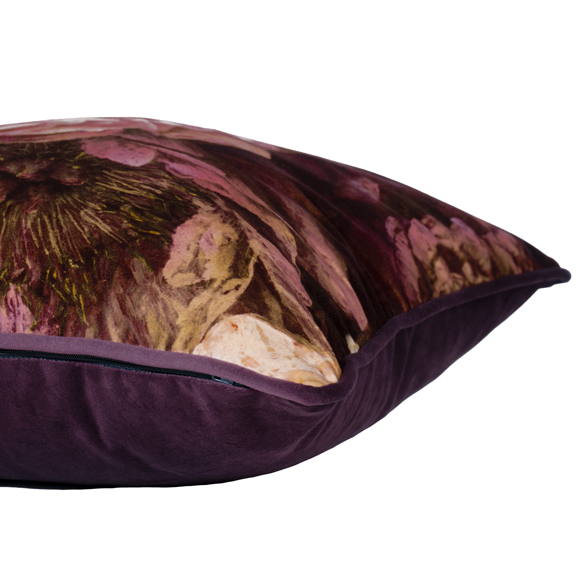 Richly coloured large scale velvet floral cushion in aubergine gold and pink