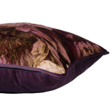 Richly coloured large scale velvet floral cushion in aubergine gold and pink