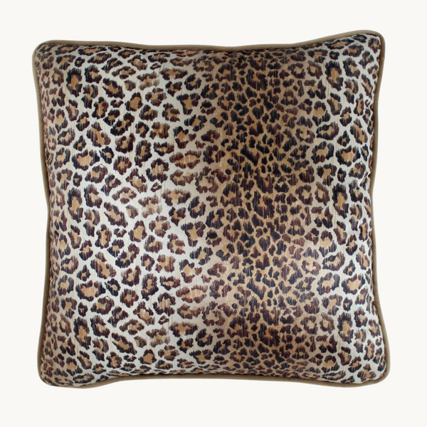 Photo of a cushion made from warm toned leopard print velvet