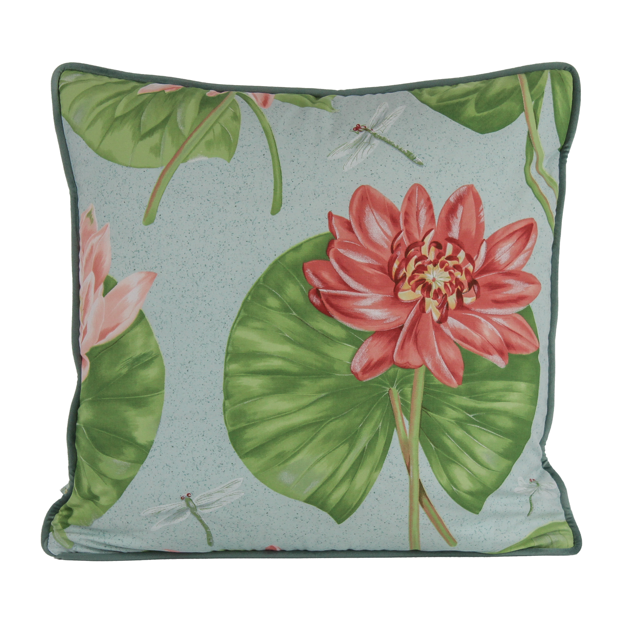 Decorative cushion with pink lotus flowers and green leaves on a light blue background