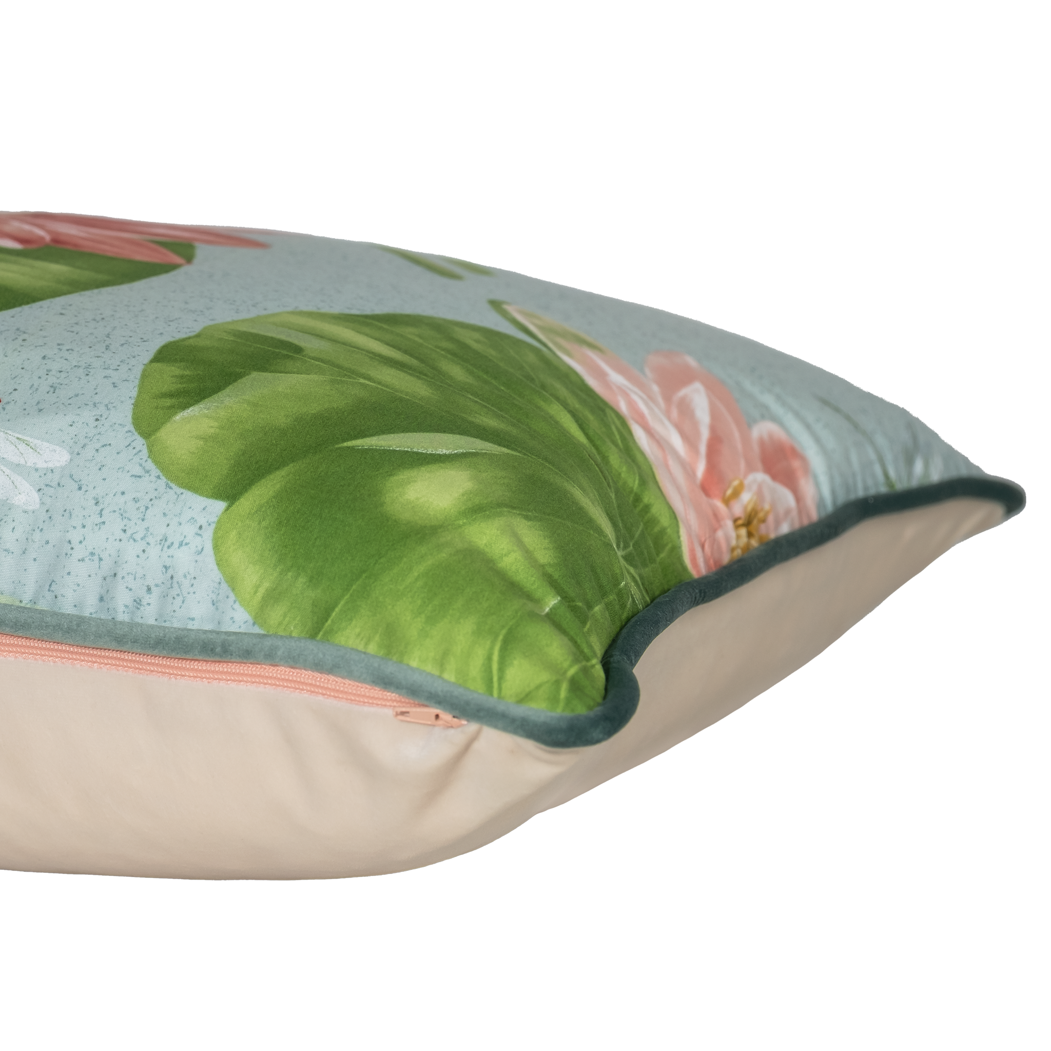 Decorative cushion with floral and leaf pattern on a white background