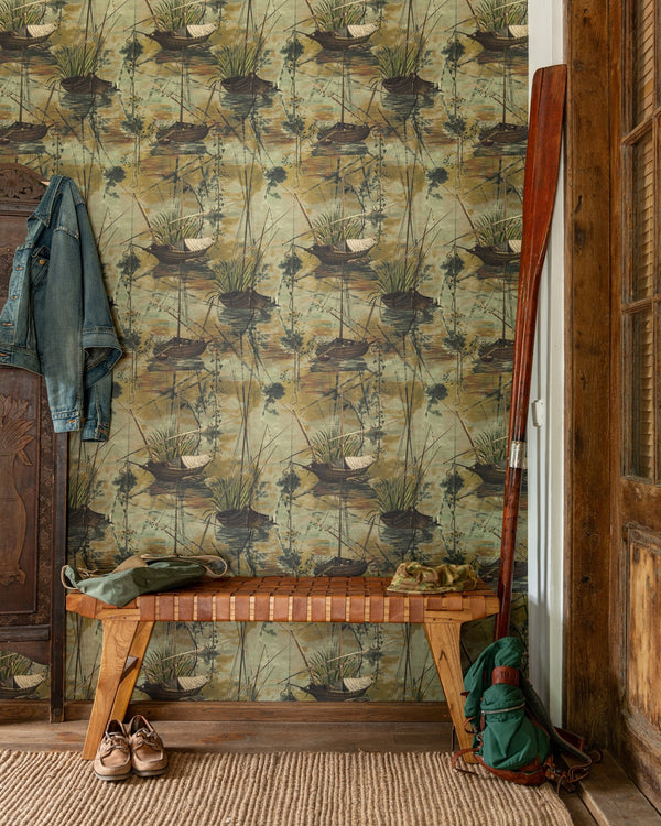 Vintage-inspired wallpaper featuring hand-drawn boats with fishing rods, reeds, and soft green hues. Paired with rustic wooden oars and a woven bench