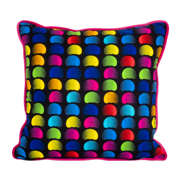 Neon bright cushion with rainbow of coloured beans on a black background