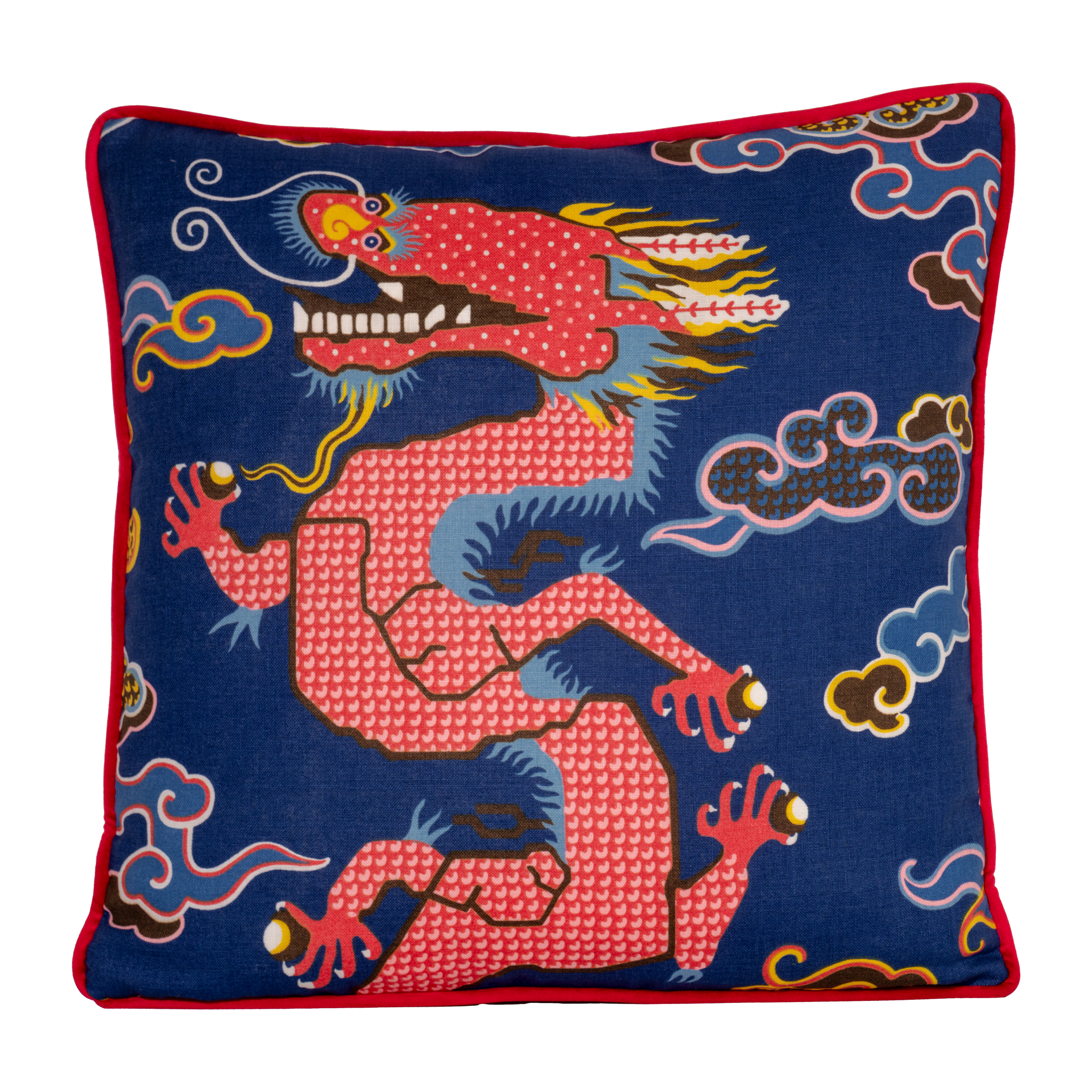 Decorative pillow with a red dragon design on a blue background