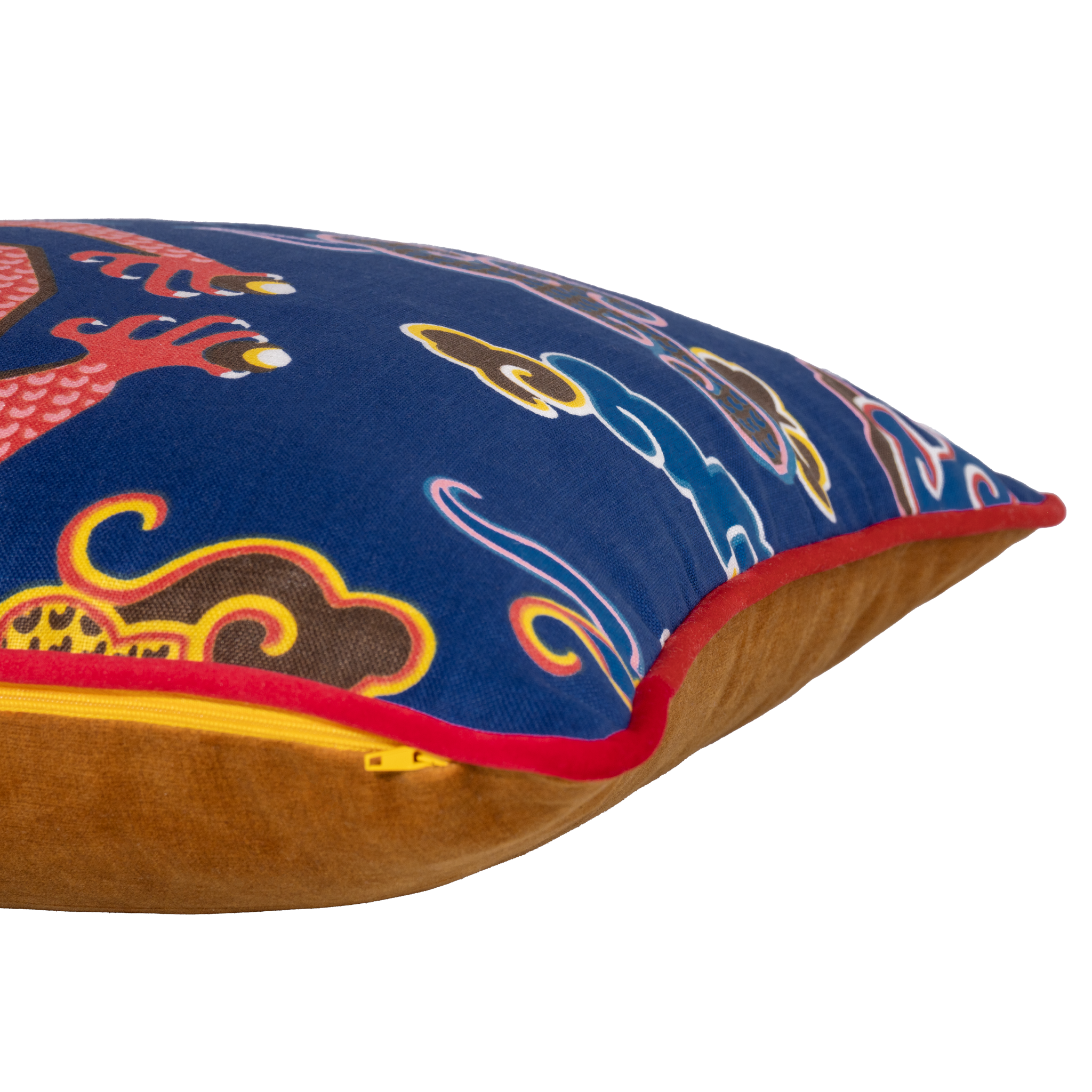 Decorative pillow with colorful abstract patterns on a blue background