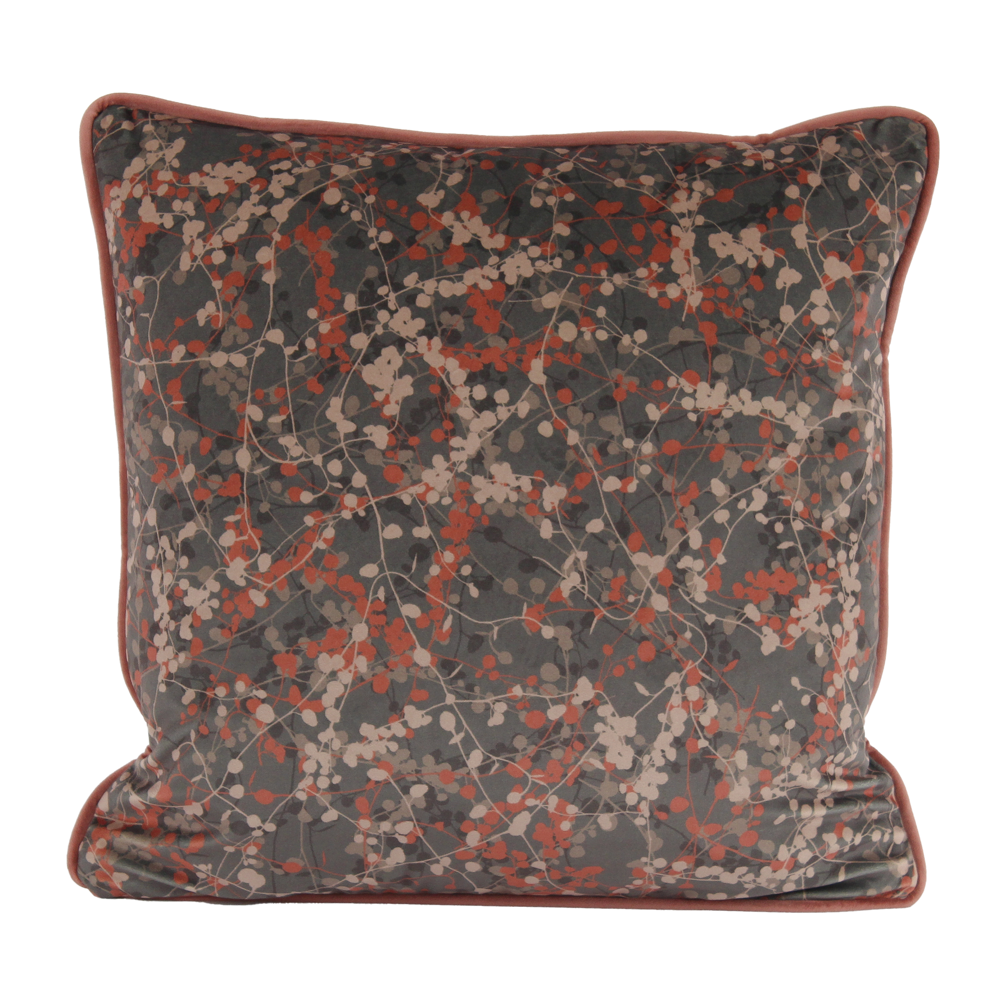 Velvet cushion with delicate leafy vines in mole and clay colours.