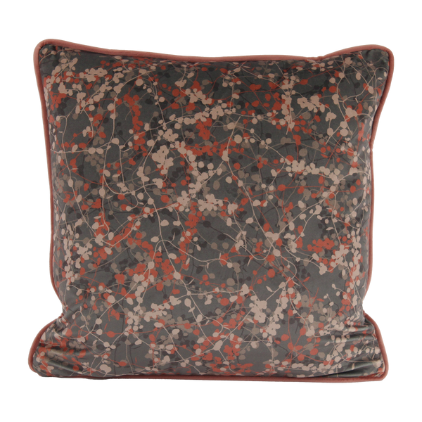 Velvet cushion with delicate leafy vines in mole and clay colours.