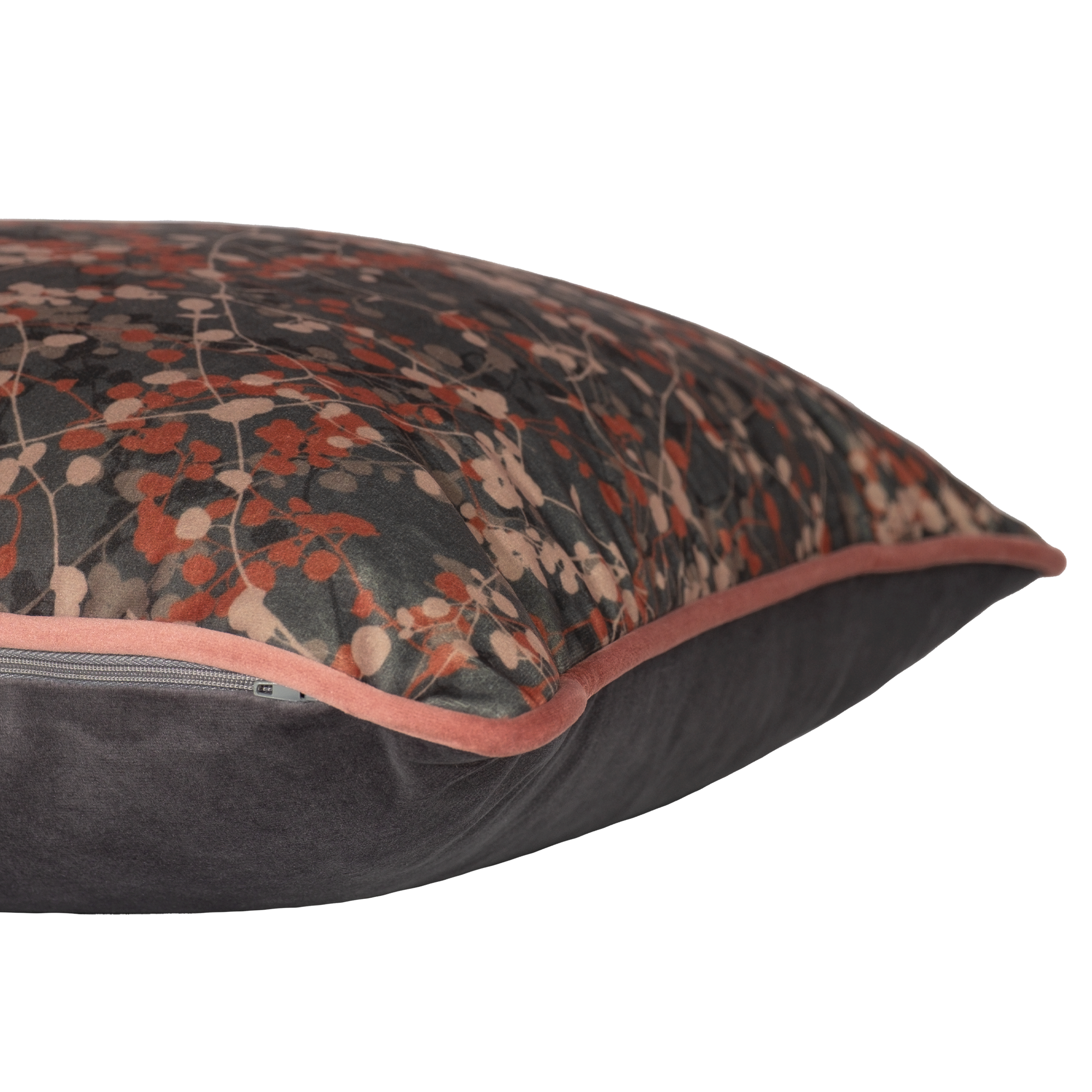 Velvet cushion with delicate leafy vines in mole and clay colours.