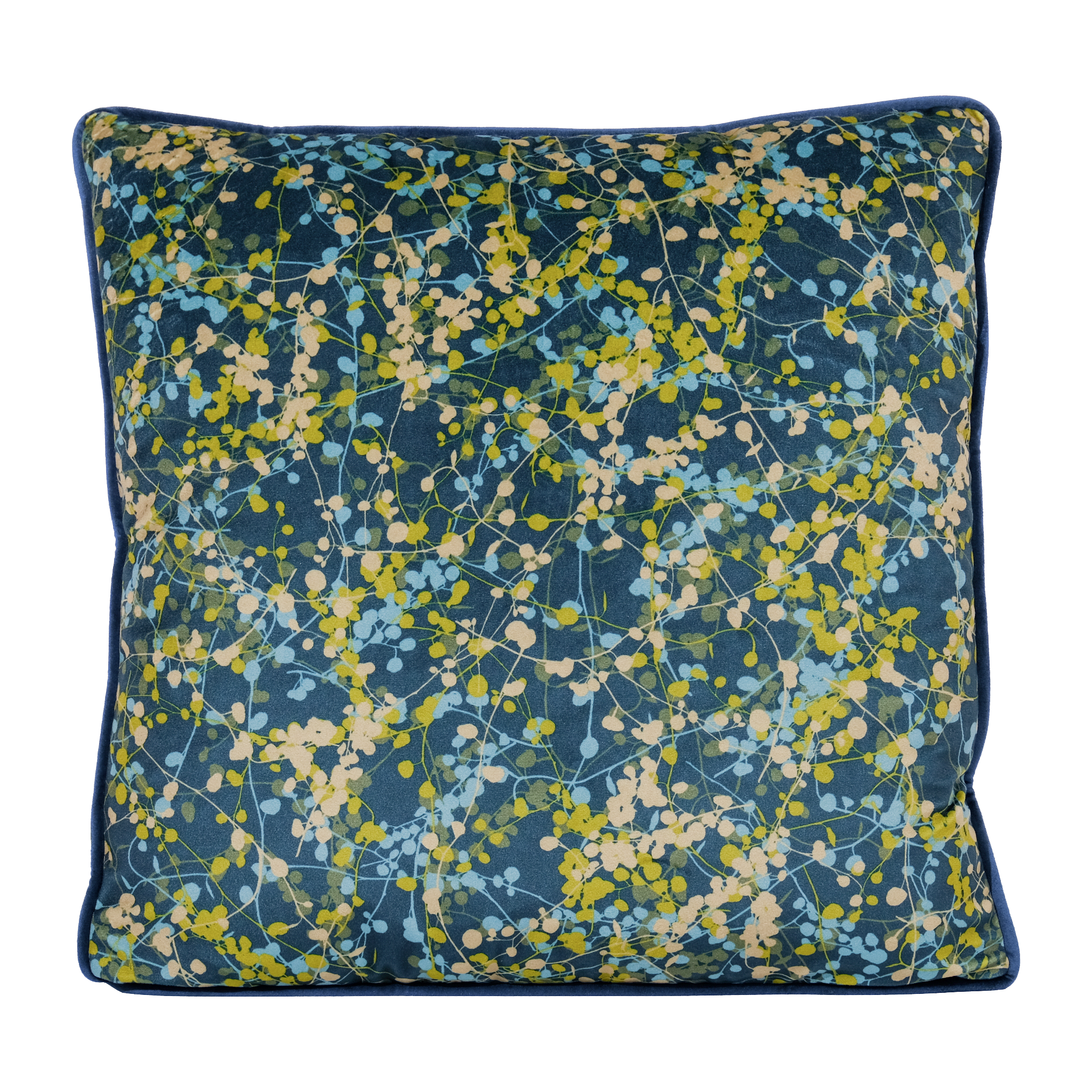 Cushion with a fine vine pattern in green and aqua on a navy background