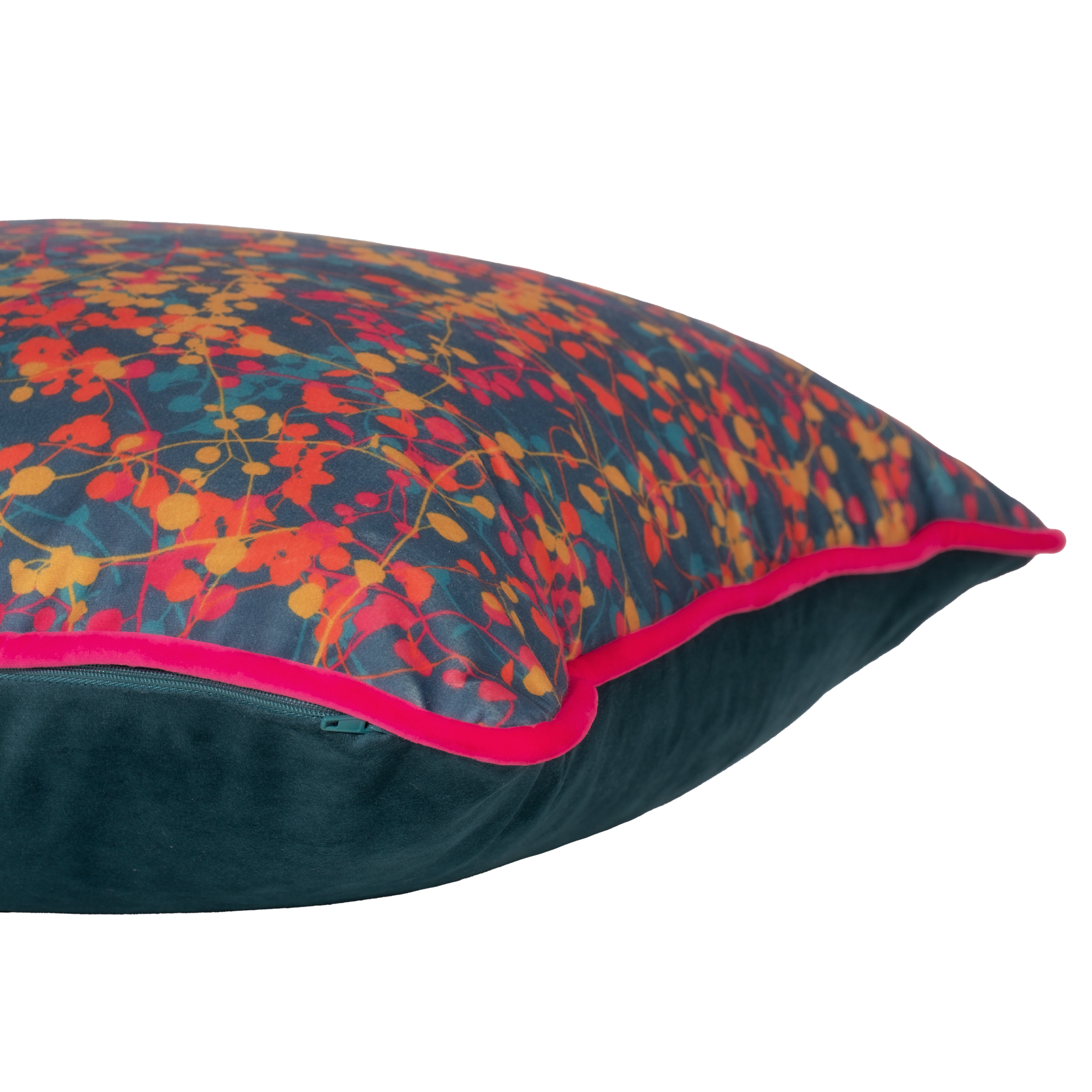 Colourful velvet cushion with fine vine leaves all over in bright colours