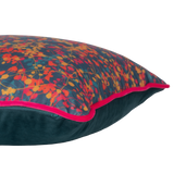 Colourful velvet cushion with fine vine leaves all over in bright colours